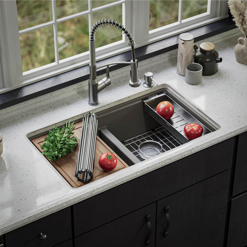 Karran 33" Undermount Quartz Composite Kitchen Sink, 50/50 Double Bowl, Concrete, QUWS-880-CN