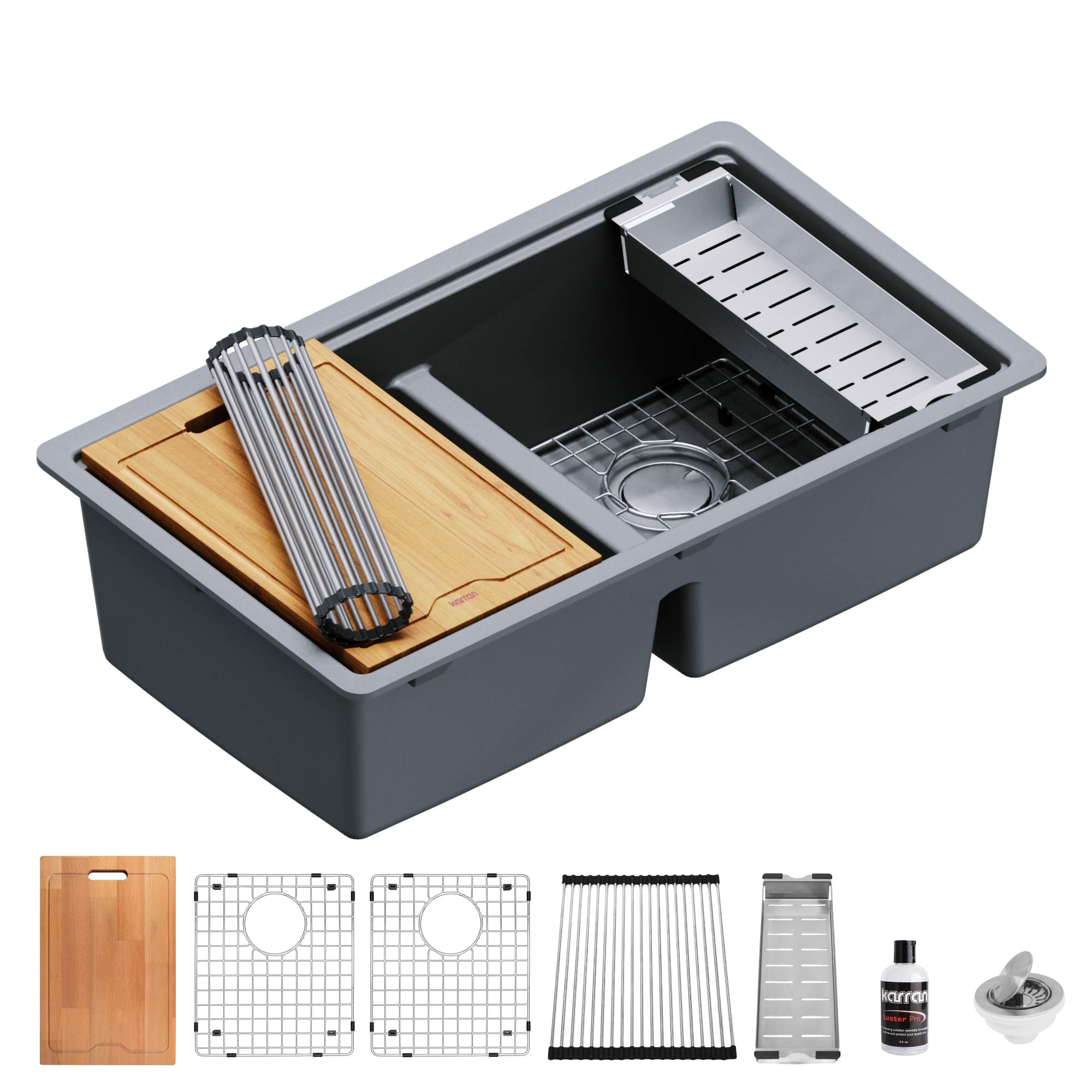 Karran 33" Undermount Quartz Composite Kitchen Sink, 50/50 Double Bowl, Grey, QUWS-880-GR