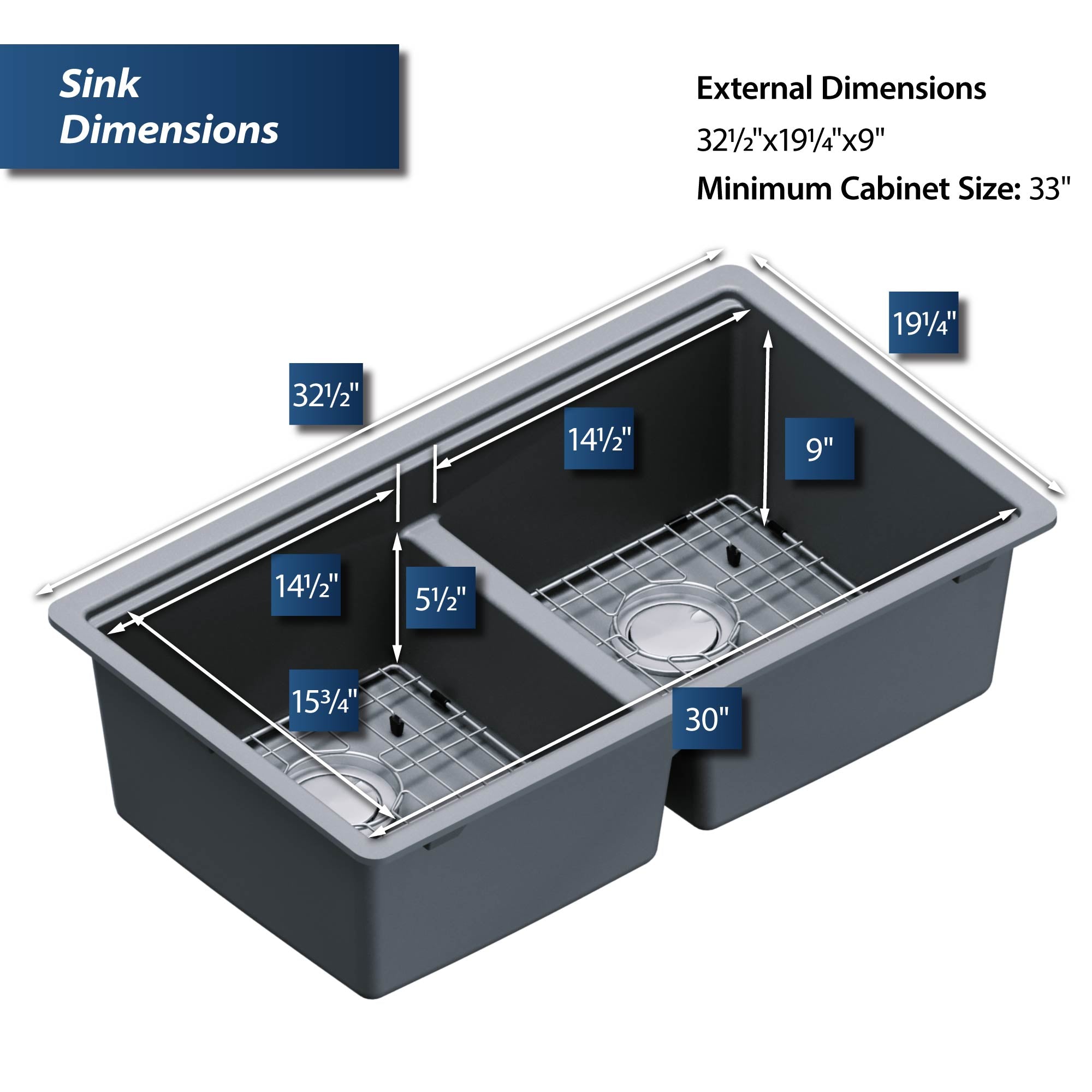 Alternate Image for Karran 33" Undermount Quartz Composite Kitchen Sink, 50/50 Double Bowl, Grey, QUWS-880-GR