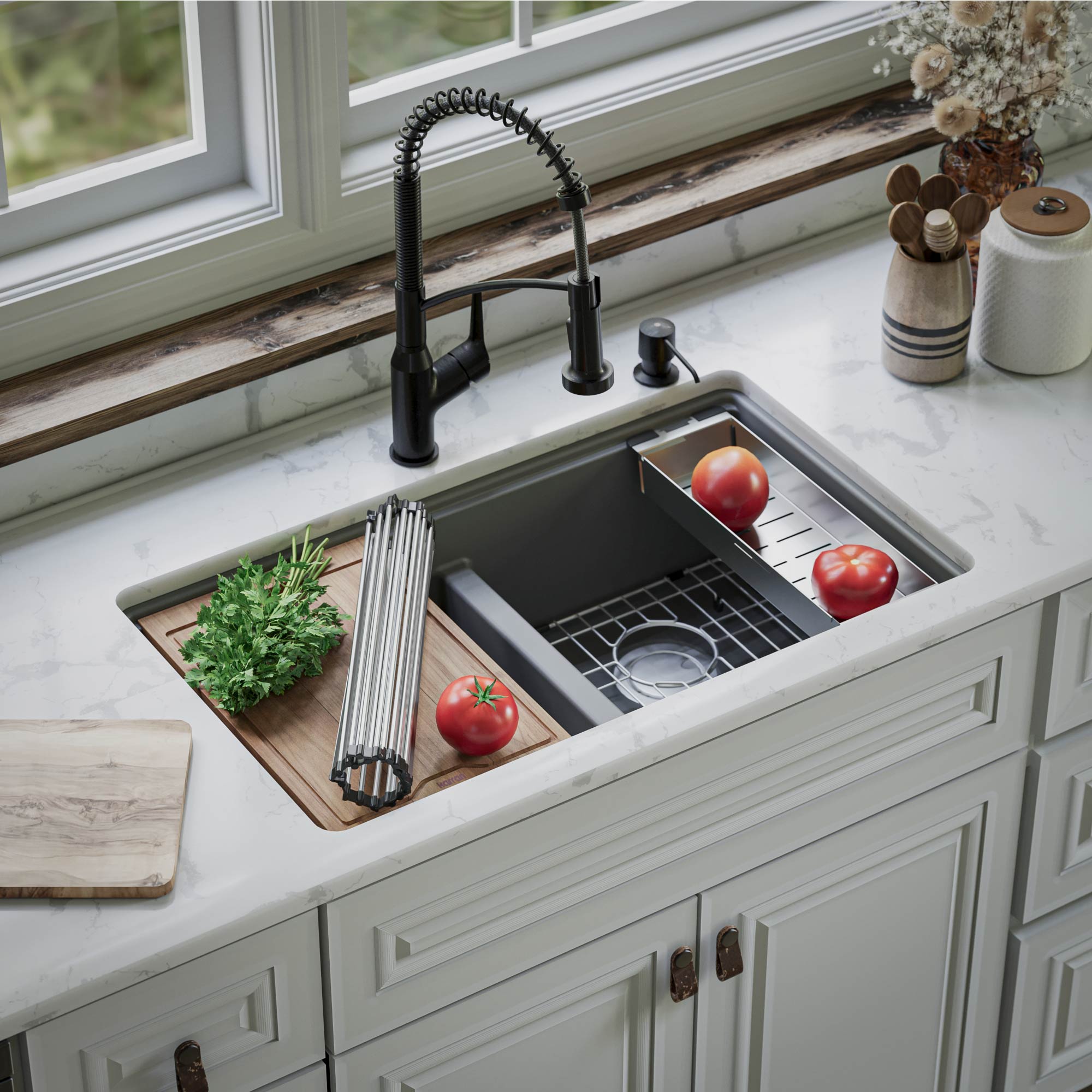 Karran 33" Undermount Quartz Composite Kitchen Sink, 50/50 Double Bowl, Grey, QUWS-880-GR