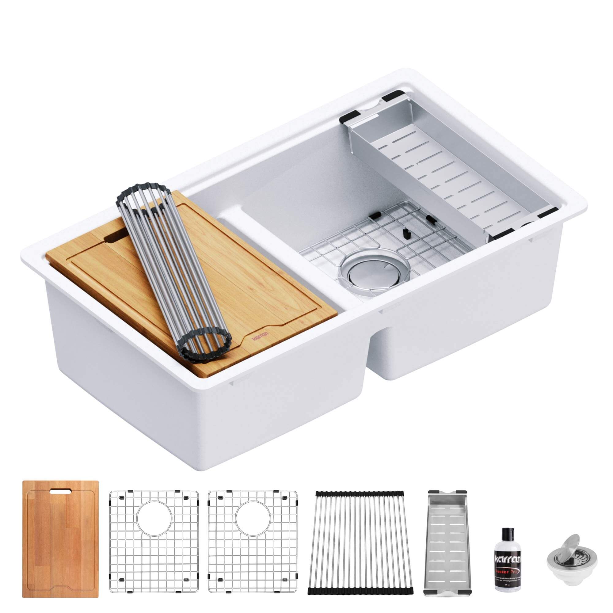 Alternate Image for Karran 33" Undermount Quartz Composite Kitchen Sink, 50/50 Double Bowl, White, QUWS-880-WH