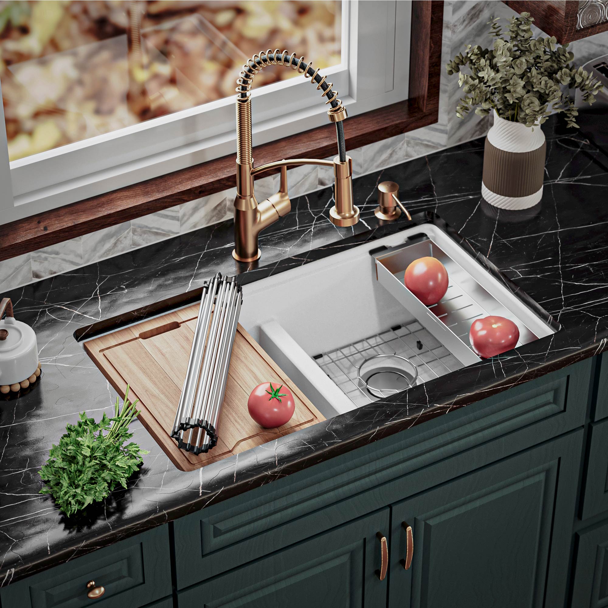 Alternate Image for Karran 33" Undermount Quartz Composite Kitchen Sink, 50/50 Double Bowl, White, QUWS-880-WH