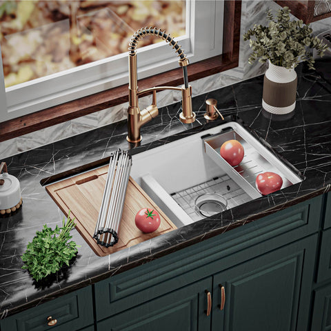 Karran 33" Undermount Quartz Composite Kitchen Sink, 50/50 Double Bowl, White, QUWS-880-WH