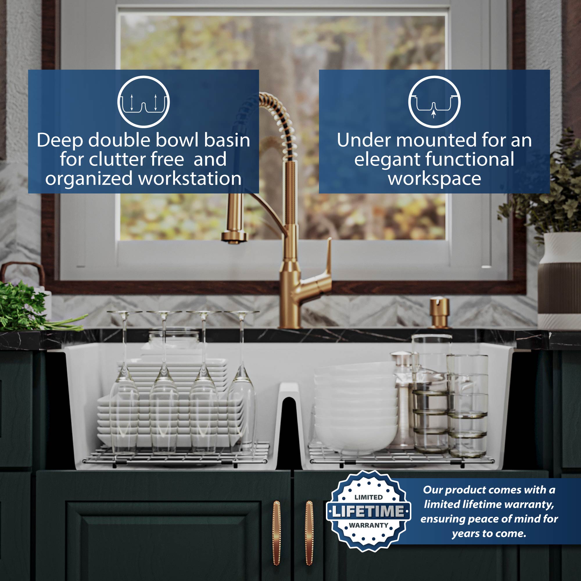 Alternate Image for Karran 33" Undermount Quartz Composite Kitchen Sink, 50/50 Double Bowl, White, QUWS-880-WH