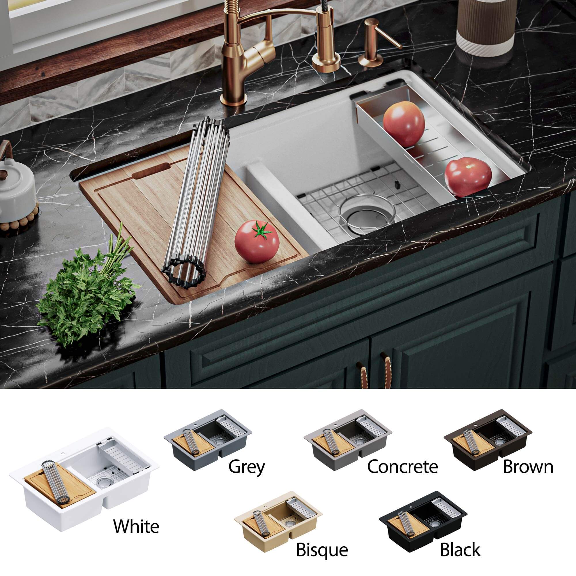 Alternate Image for Karran 33" Undermount Quartz Composite Kitchen Sink, 50/50 Double Bowl, White, QUWS-880-WH