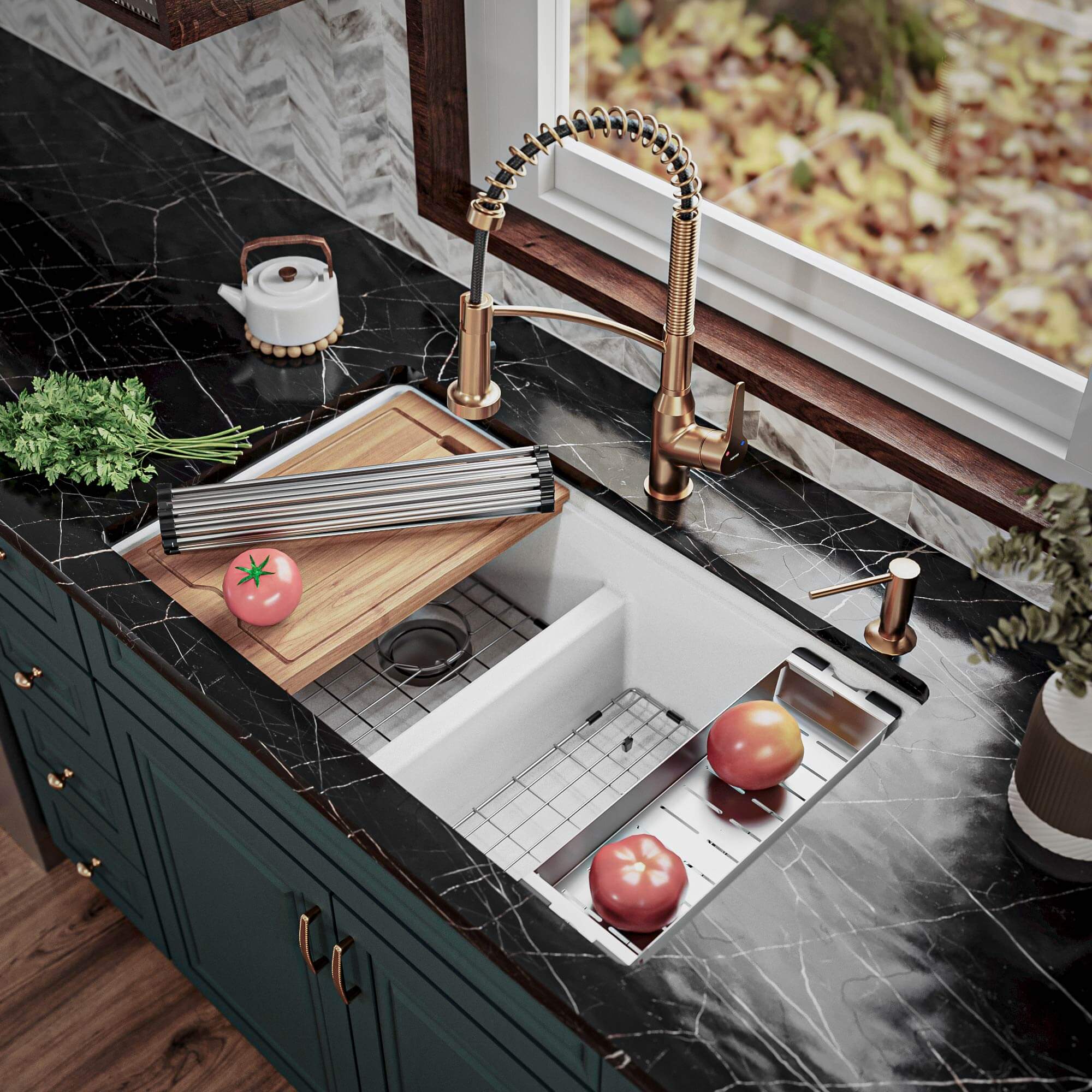 Alternate Image for Karran 33" Undermount Quartz Composite Kitchen Sink, 50/50 Double Bowl, White, QUWS-880-WH