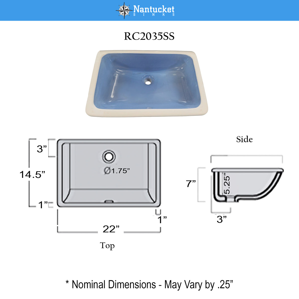 Nantucket Sinks Regatta 22" x 14.5" Rectangle Undermount Fireclay Bathroom Sink with Accessories, Light Blue/Grey Distress, RC2035SS