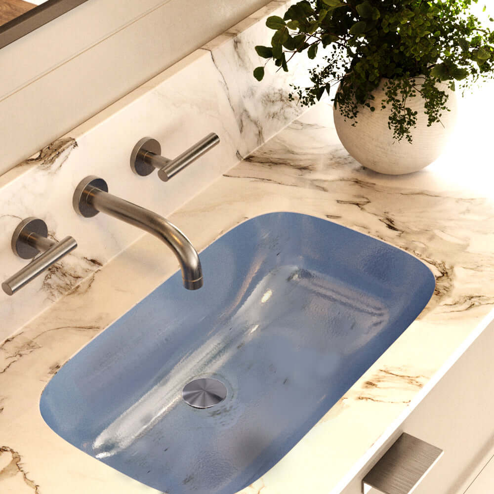 Nantucket sinks regatta rectangle fireclay bathroom sink with accessories light blue/grey distress lifestyle image