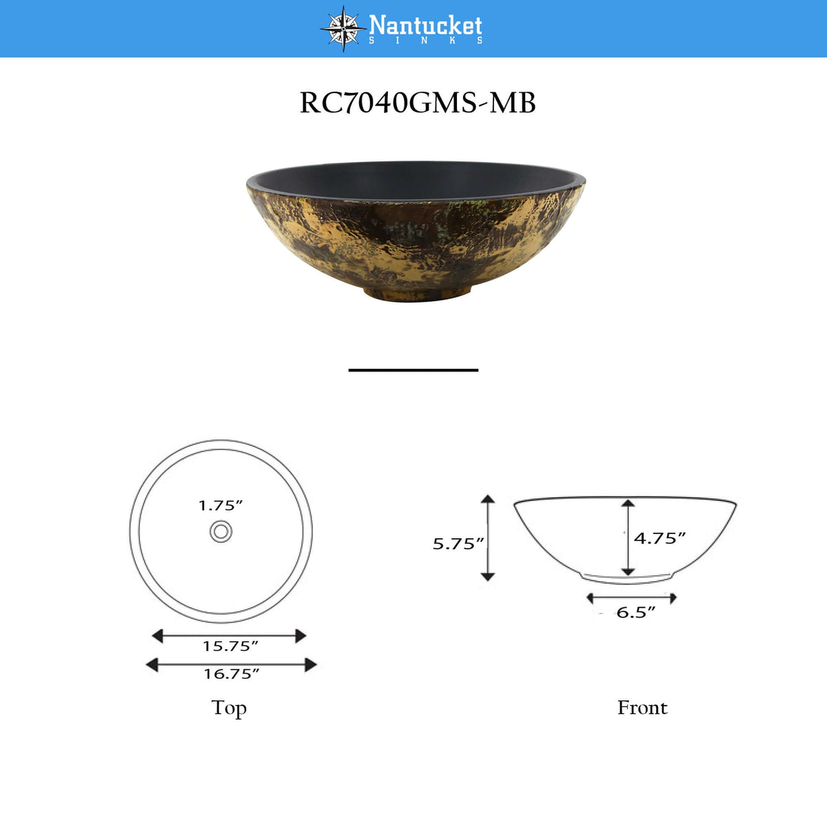 Nantucket Sinks Regatta 17" Fireclay Bathroom Vessel Sink, Matte Black/Gold, RC7040GMS-MB