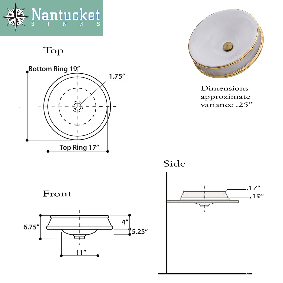 Nantucket Sinks Regatta 19" Fireclay Bathroom Vessel Sink, White/Gold, RC74040PG