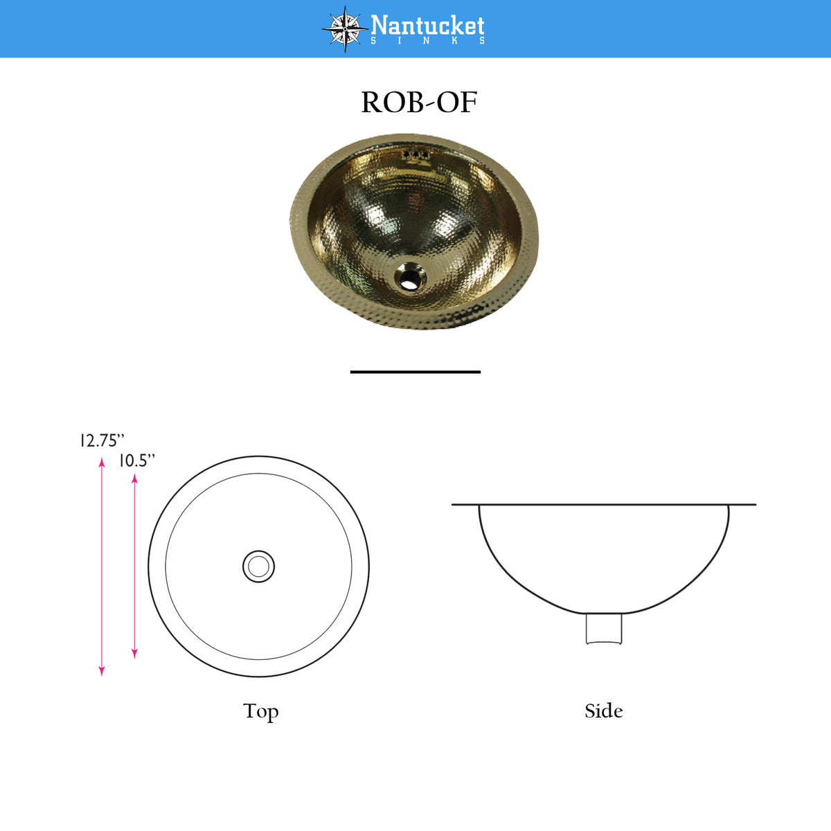 Nantucket Sinks Brightwork Home 13" Brass Bathroom Sink, ROB-OF