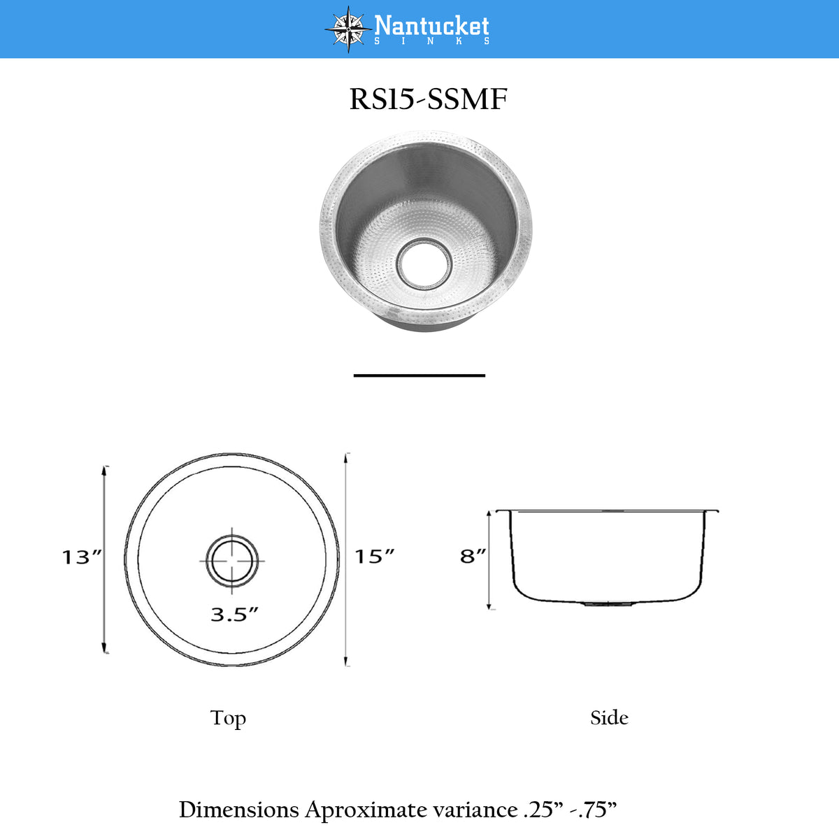 Nantucket Sinks Brightwork Home 15" Round Stainless Steel Bar/Kitchen Sink with Accessories, 18 Gauge, RS15-SSMF