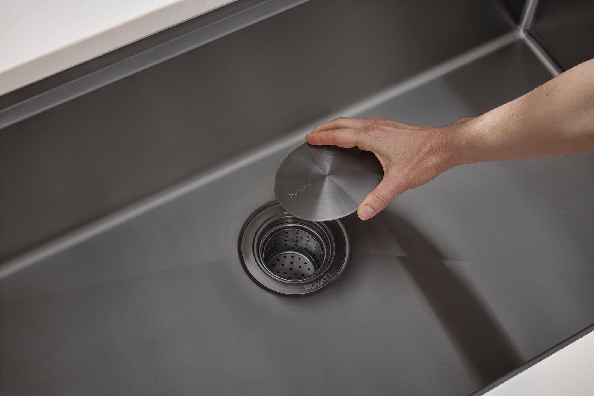 Ruvati Decorative Drain Cover for Kitchen Sink and Garbage Disposal, Gunmetal Black Stainless Steel, RVA1035BL Product Image