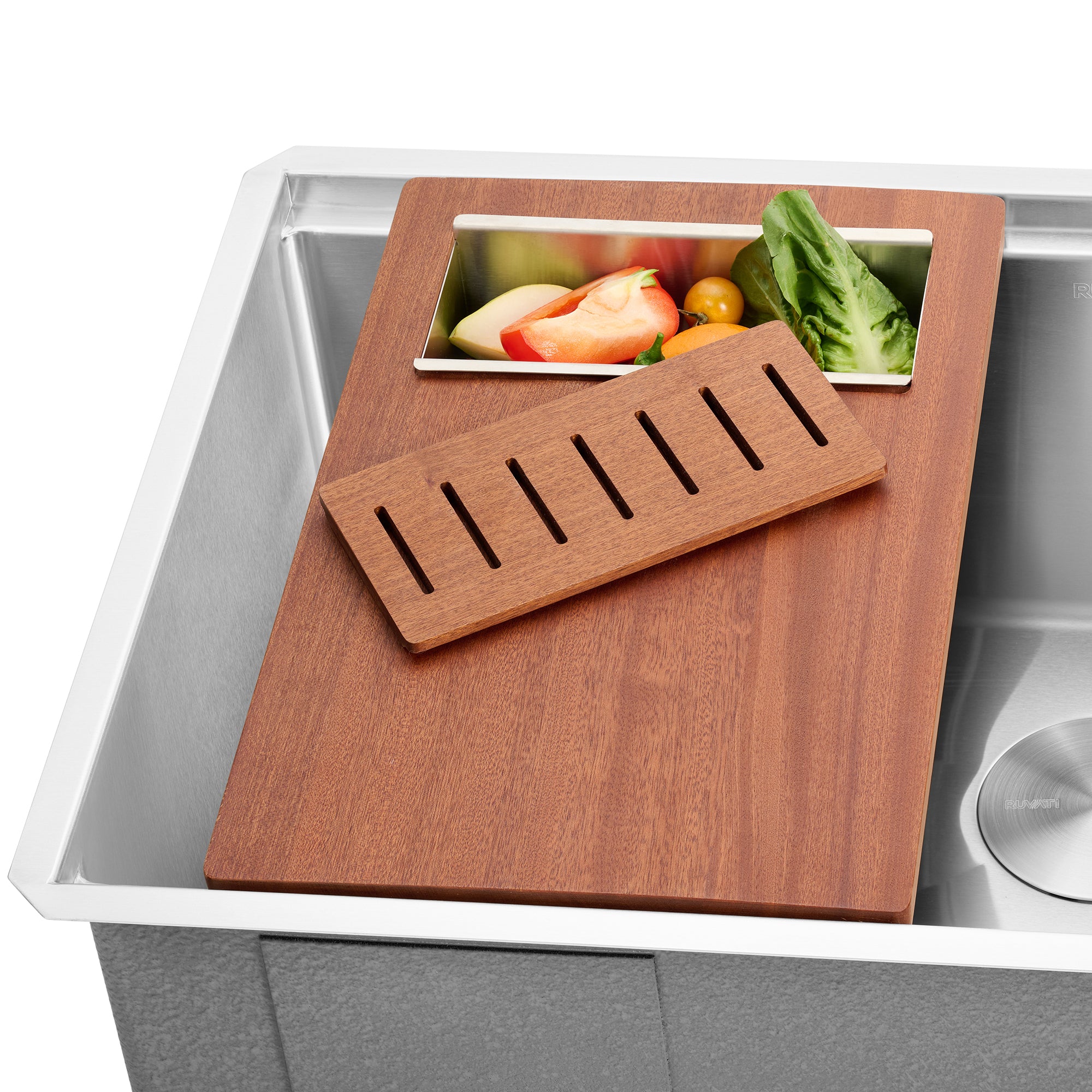 Ruvati LedgeFit Cutting Board with Colander Insert Workstation Sink Accessory, Stainless Steel / Wood, RVA1220 Product Image