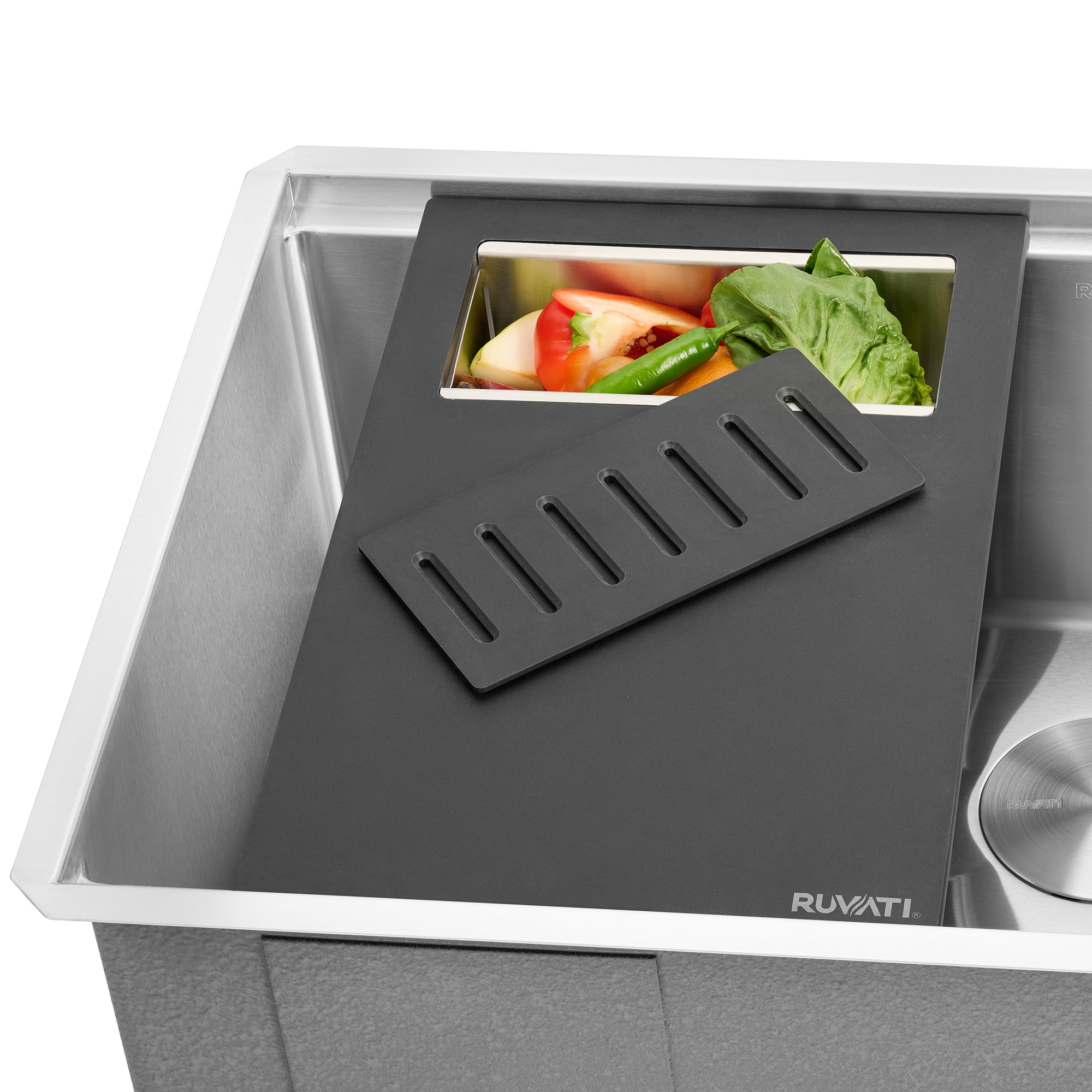 Ruvati LedgeFit Cutting Board with Colander Insert Workstation Sink Accessory, Stainless Steel / Wood, RVA1220 Product Image