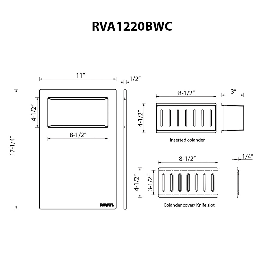 Ruvati LedgeFit Cutting Board with Inserted Colander Workstation Sink Accessory in Black Composite, Stainless Steel / Solid Composite, RVA1220BWC Product Image