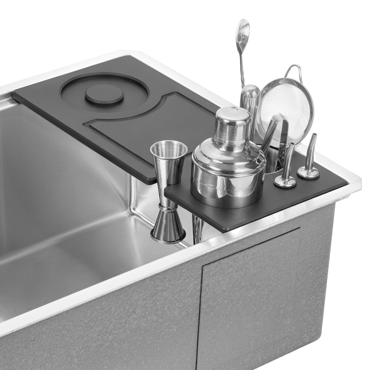 Ruvati LedgeFit Bartender's Board Mixology Drink Cocktail Shaker Workstation Sink Accessory in Black Composite, Stainless Steel / Solid Composite, RVA1236BWC