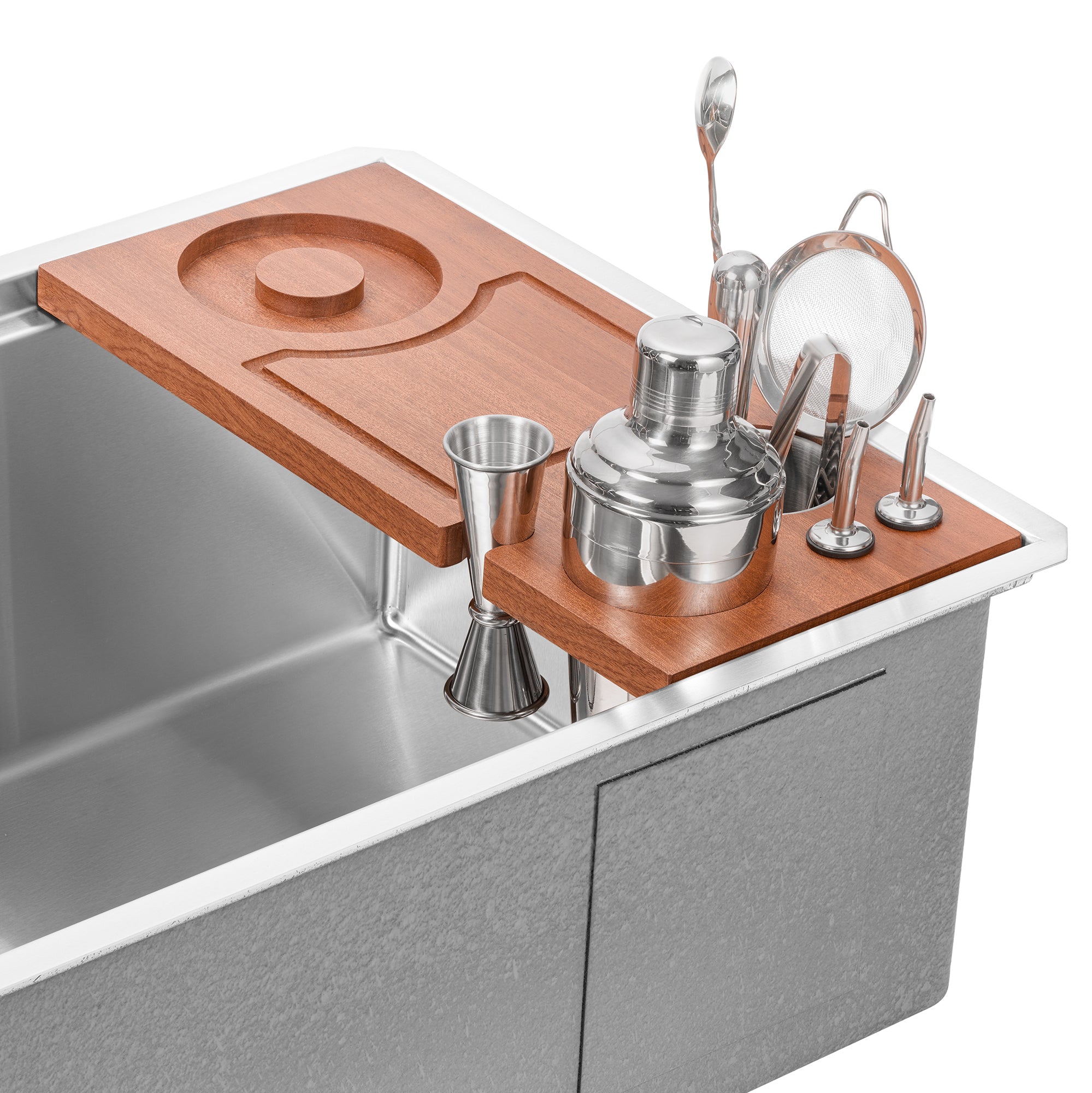 Ruvati LedgeFit Bartender's Board Mixology Drink Cocktail Shaker Workstation Sink Accessory Solid Wood, Stainless Steel / Wood, RVA1236MG