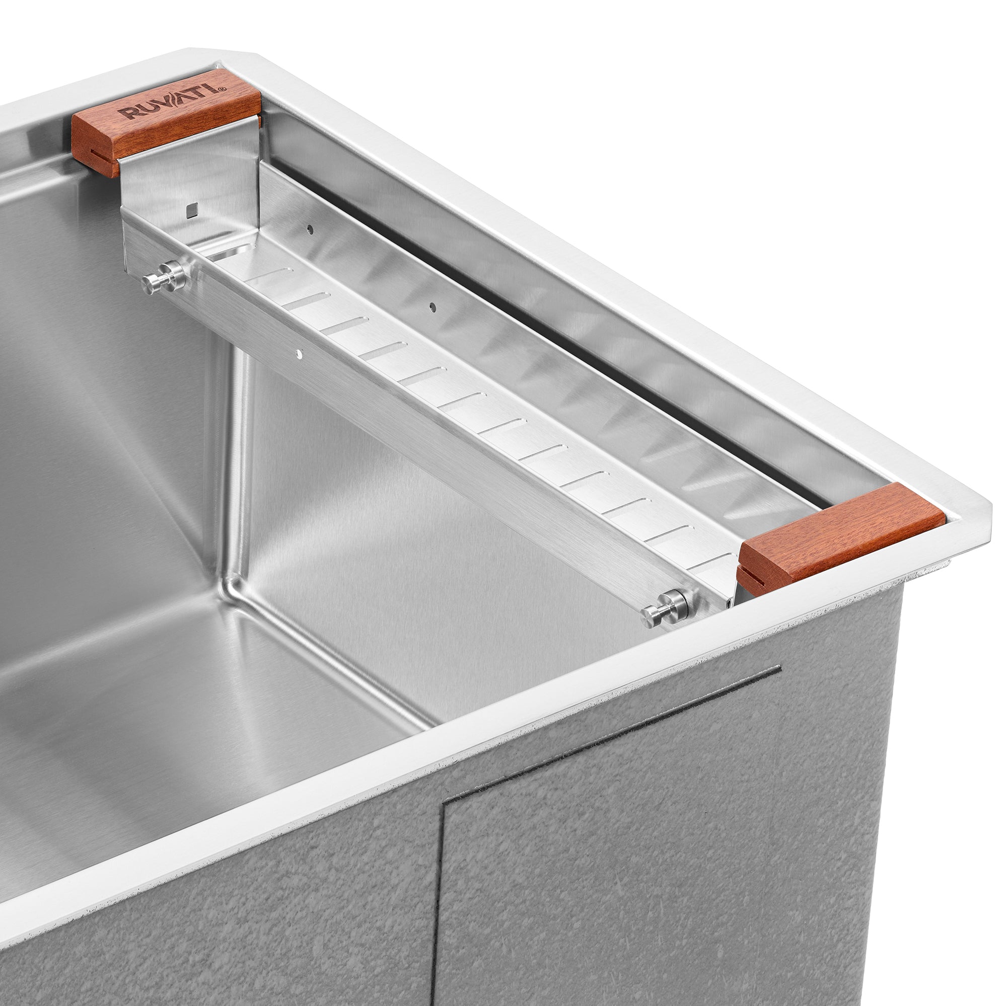 Ruvati LedgeFit Narrow Colander Caddy Sponge Holder Tray Workstation Sink Accessory, Stainless Steel / Wood, RVA1303 Product Image