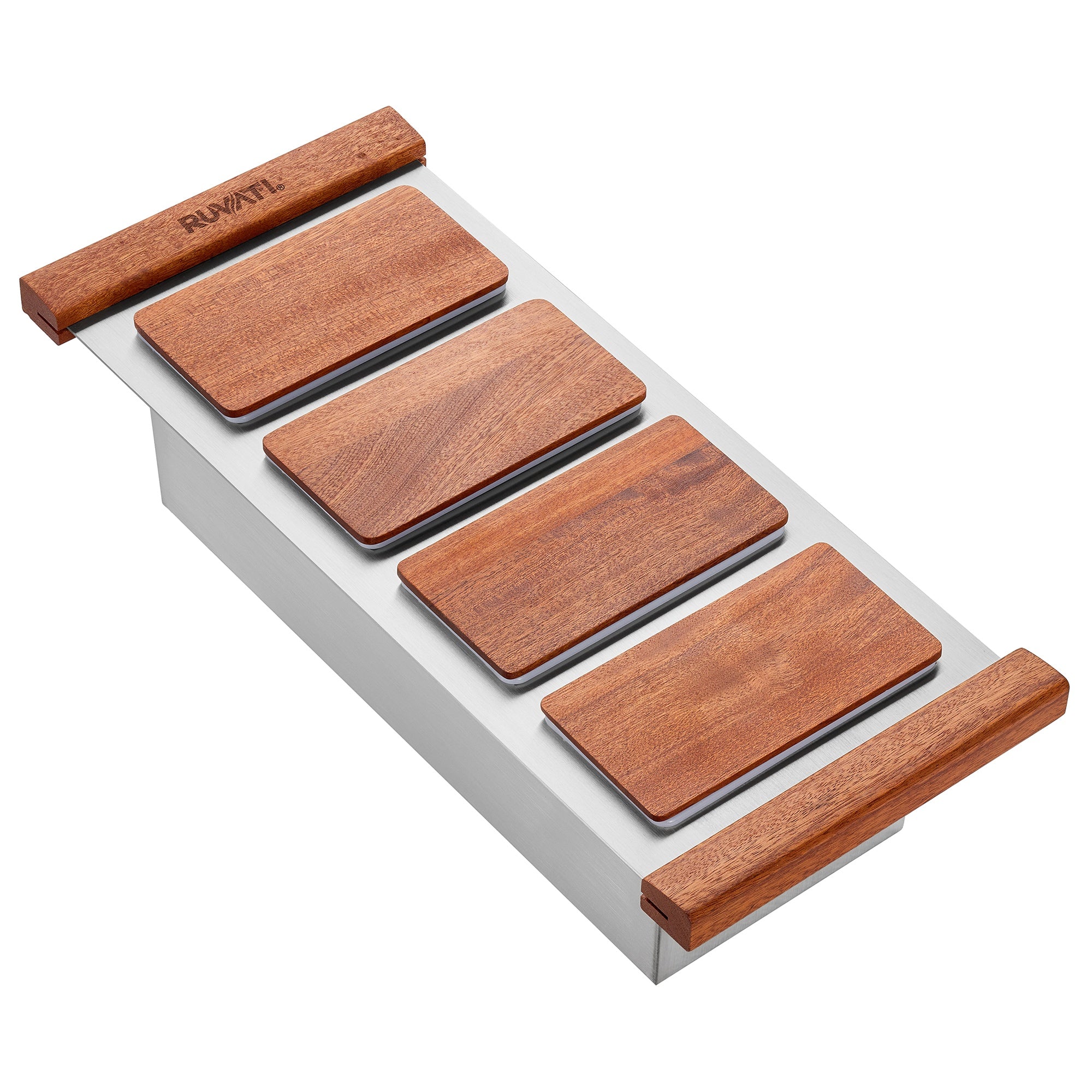 Ruvati LedgeFit Ice Chilled Condiment Tray Mixology Cocktail Bartender Bowl with Solid Hardwood Covers Workstation Sink Accessory, Stainless Steel / Wood / Plastic, RVA1378 Product Image