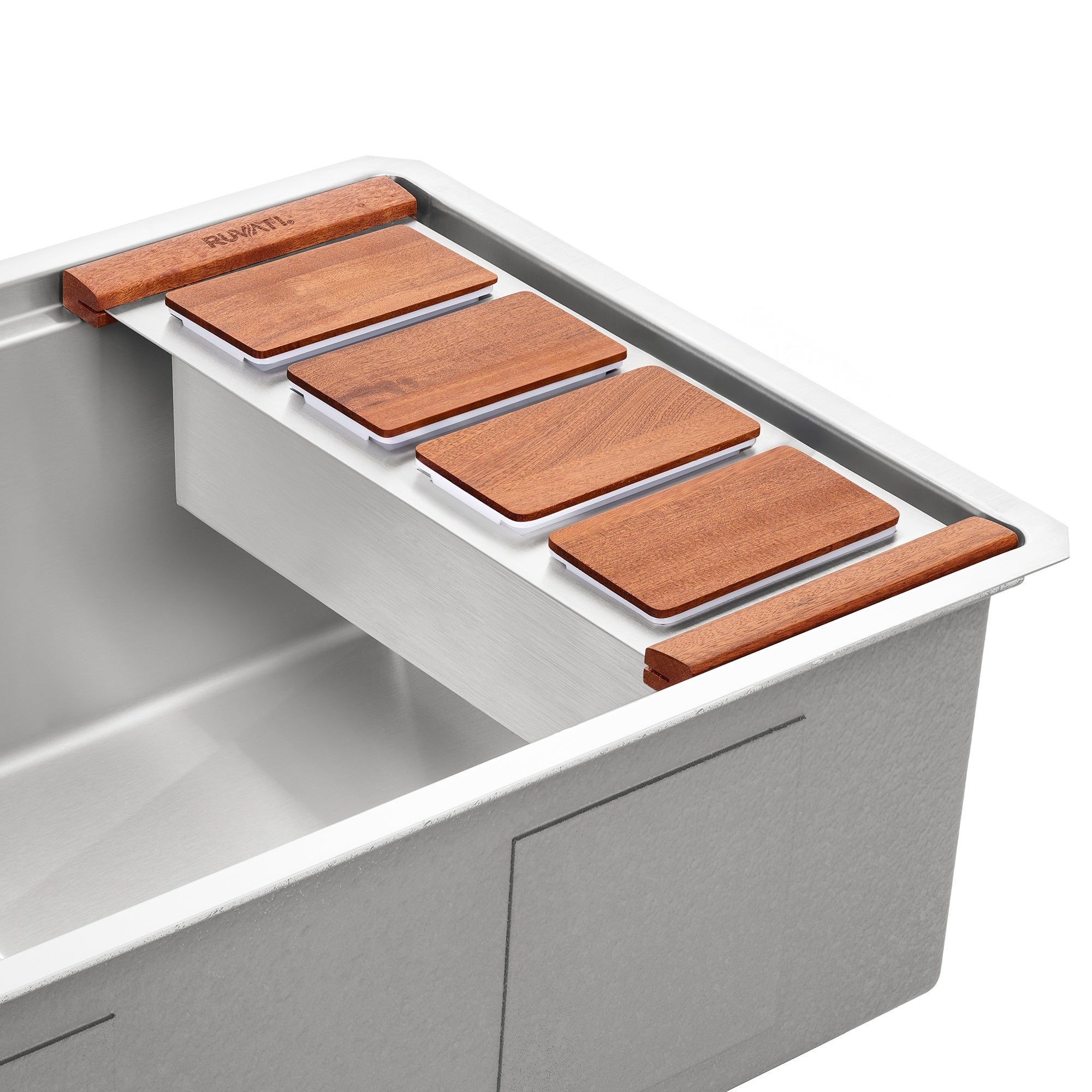 Ruvati LedgeFit Ice Chilled Condiment Tray Mixology Cocktail Bartender Bowl with Solid Hardwood Covers Workstation Sink Accessory, Stainless Steel / Wood / Plastic, RVA1378 Product Image