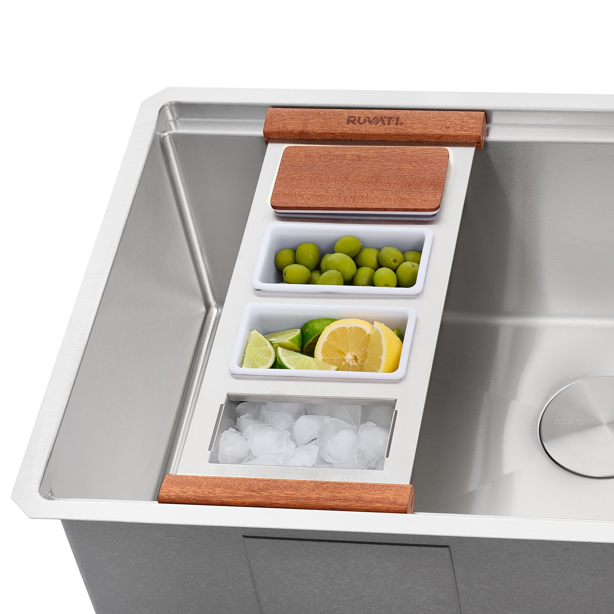Ruvati LedgeFit Ice Chilled Condiment Tray Mixology Cocktail Bartender Bowl with Solid Hardwood Covers Workstation Sink Accessory, Stainless Steel / Wood / Plastic, RVA1378 Product Image