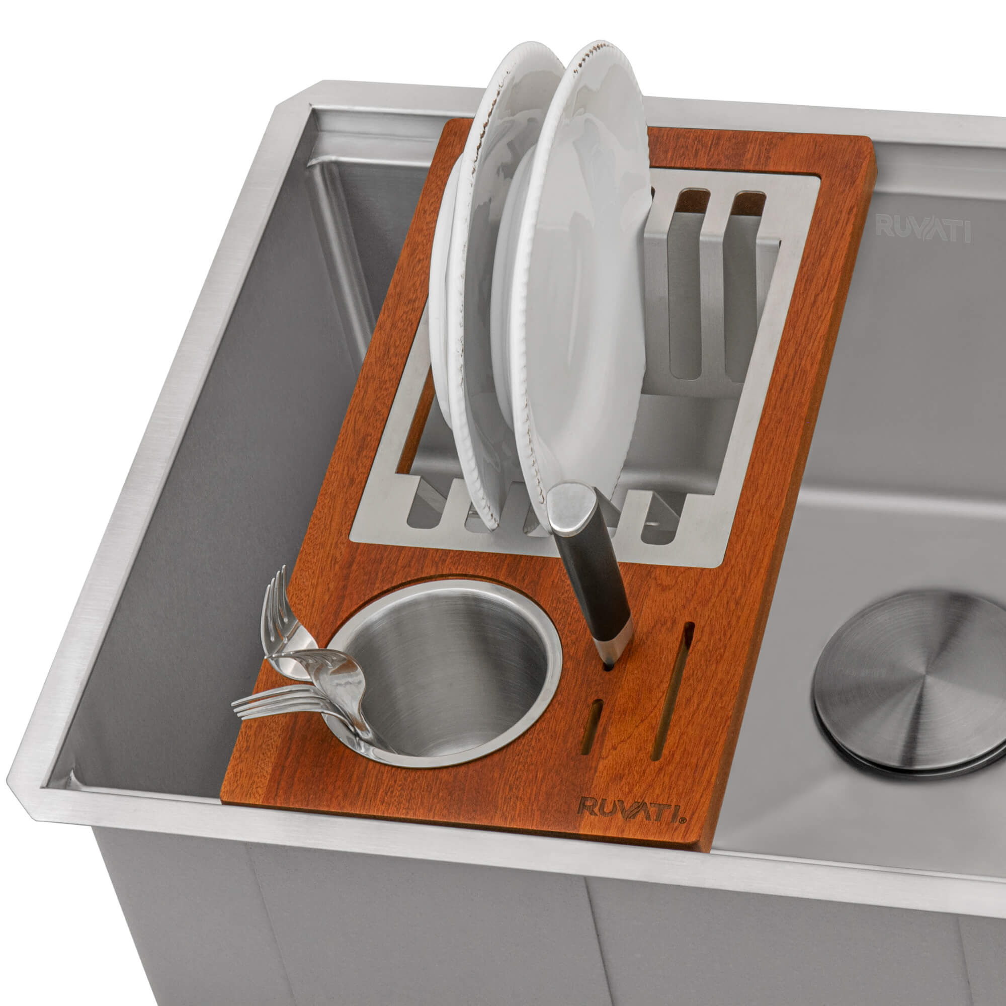 Alternative View of Ruvati LedgeFit Wood Dish Plate and Silverware Caddy Drying Rack for Workstation Sinks, Wood / Stainless Steel, RVA1542