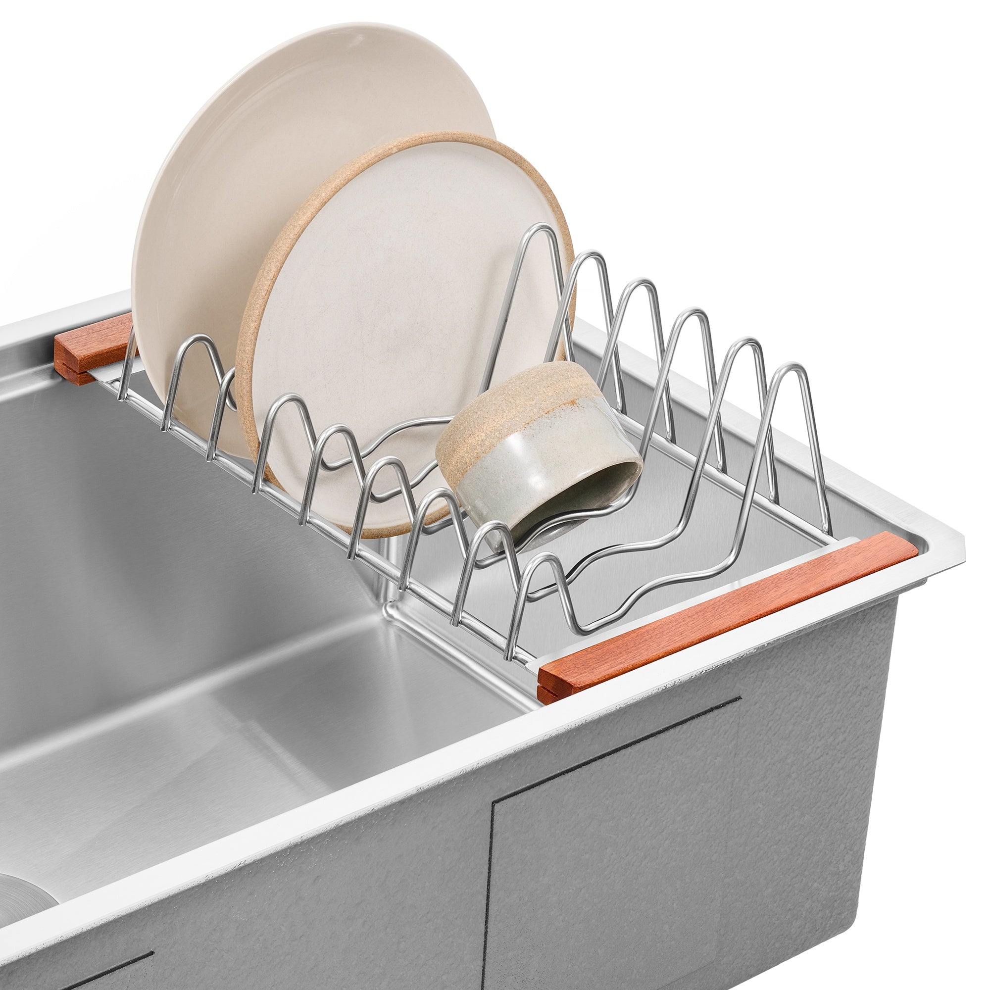 Ruvati LedgeFit Dish Drying Rack Drainer Plate Cup Holder Workstation Sink Top Sliding Accessory Stainless Steel, Stainless Steel / Wood, RVA1545