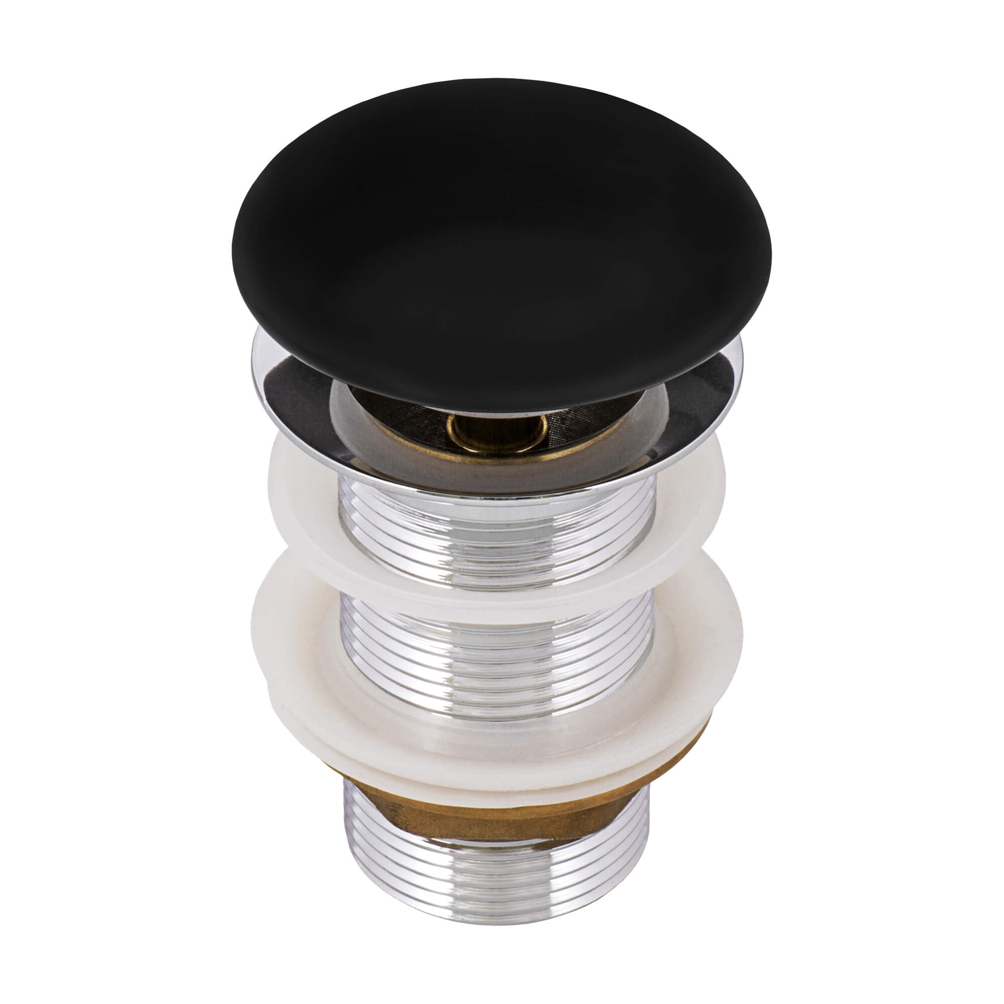 Ruvati Black Ceramic Top Push Pop-up Drain for Bathroom Sinks without Overflow- Brass, Glossy Black, RVA5102BK
