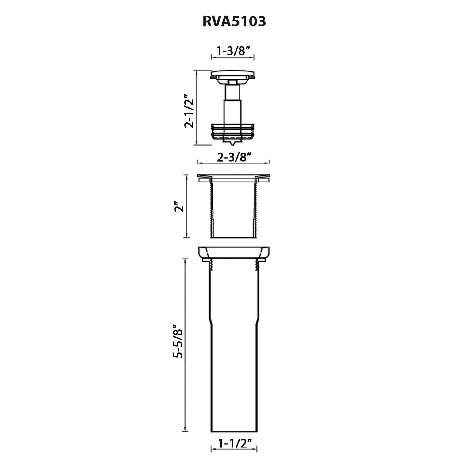 Dimensions Image for Ruvati Push Pop-up Drain for Bathroom Sinks without Overflow - Stainless Steel Finish, RVA5103ST