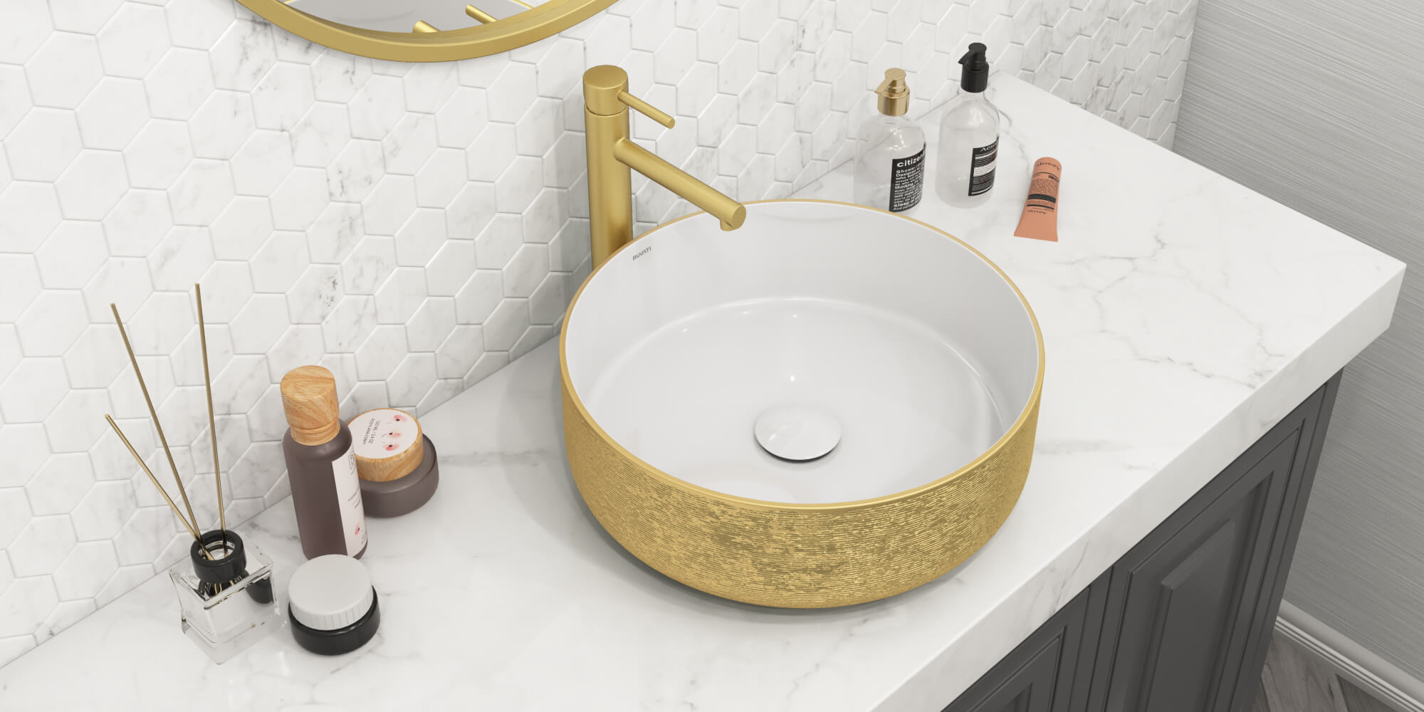Alternate Image for Ruvati Pietra 14" Decorative Rectangle Vessel Porcelain Above Vanity Counter Bathroom Sink, Gold / White, RVB0314WG