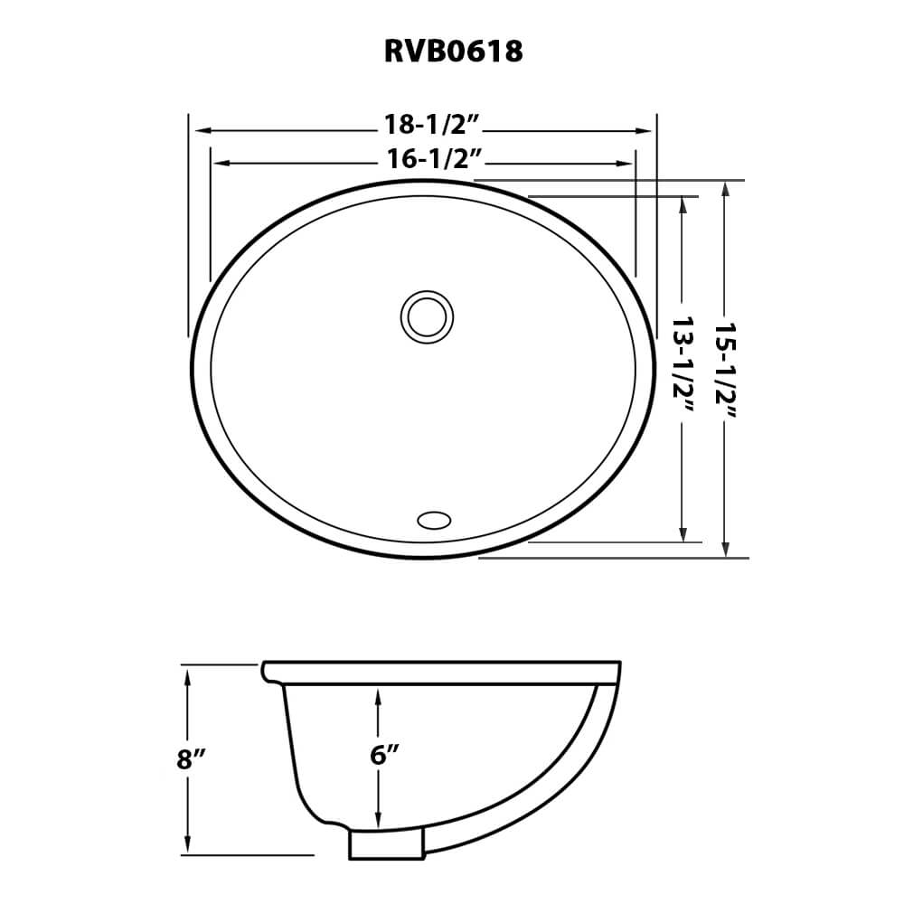 Dimensions Image for Ruvati Krona 16 x 13 inch Undermount Bathroom Sink Biscuit Oval Porcelain Ceramic with Overflow, RVB0618BC