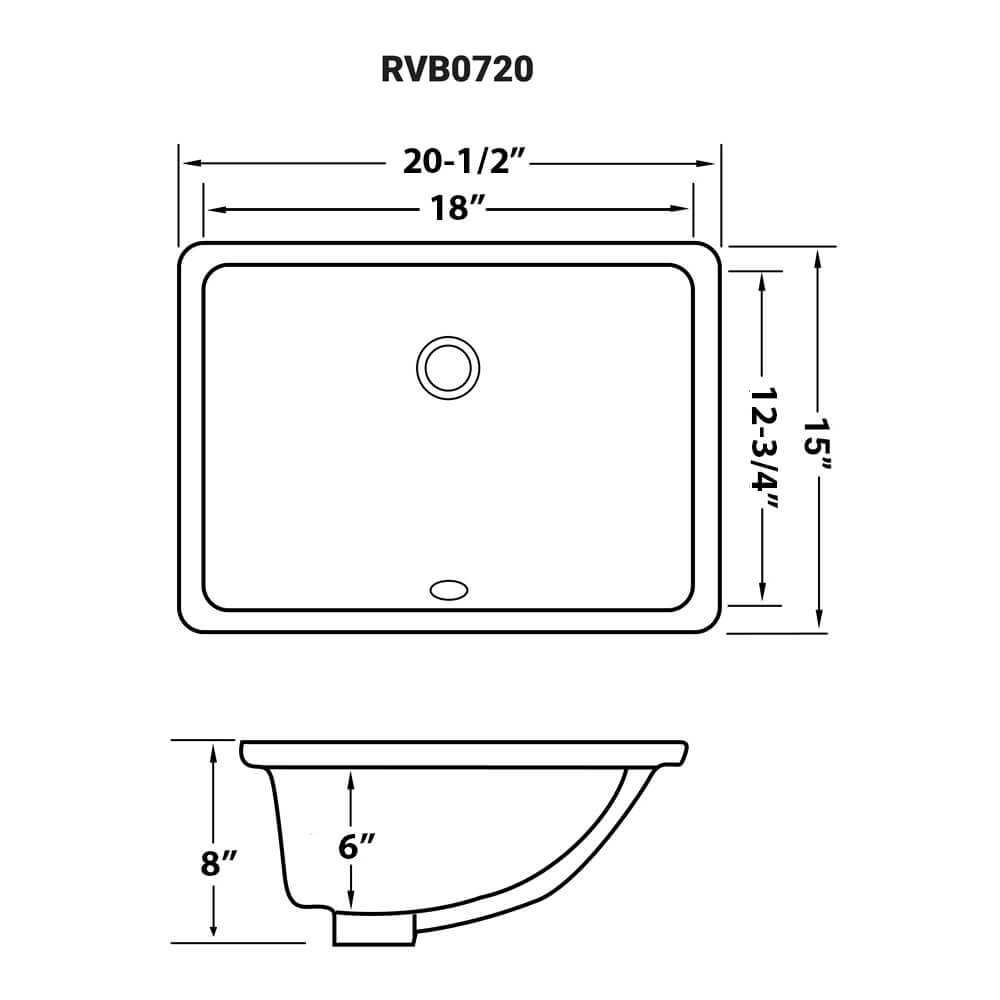 Dimensions Image for Ruvati Krona 18 x 13 inch Undermount Bathroom Sink Black Rectangular Porcelain Ceramic with Overflow, RVB0720BK
