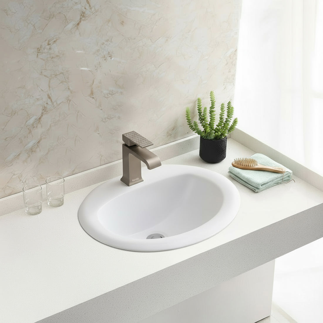 Ruvati Kyros 21" Oval Drop In Porcelain Bathroom Sink, White, RVB0861
