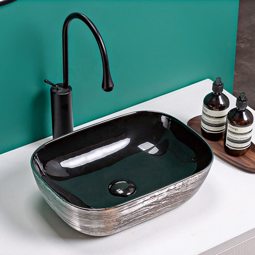 Alternative View of Ruvati Pietra 20" Decorative Rectangle Vessel Porcelain Above Vanity Counter Bathroom Sink, Silver / Black, RVB2016BS