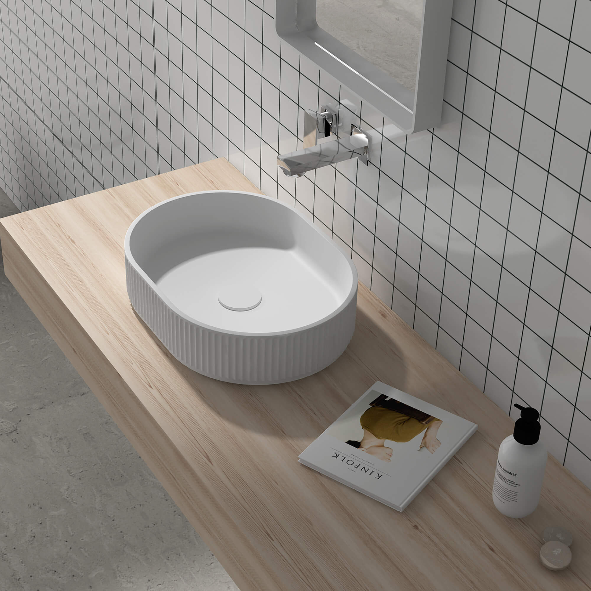 Alternate Image for Ruvati Cordona 19 x 14 inch Fluted Vessel Bathroom Sink epiStone Solid Surface Modern Oval Matte White, RVB2819WH