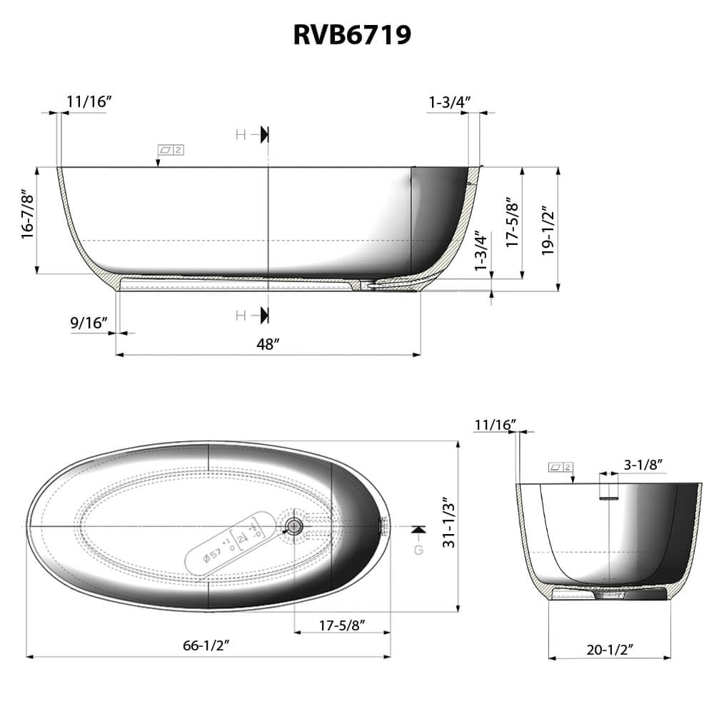 Alternate Image for Ruvati 66-inch Matte White epiStone Solid Surface Oval Freestanding Bath Tub Canali, RVB6719WH