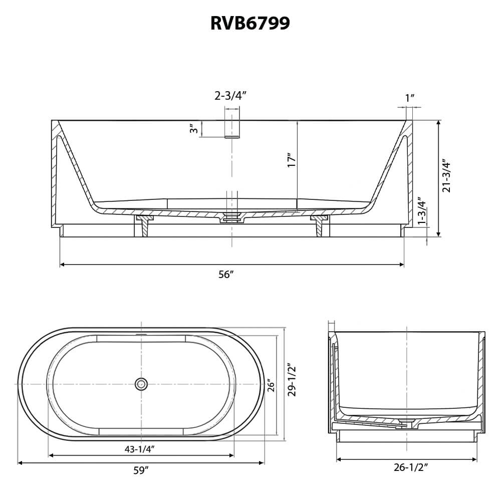 Ruvati Cordona 59" Solid Surface Freestanding Bathtub, Matte White, RVB6799WH Product Image