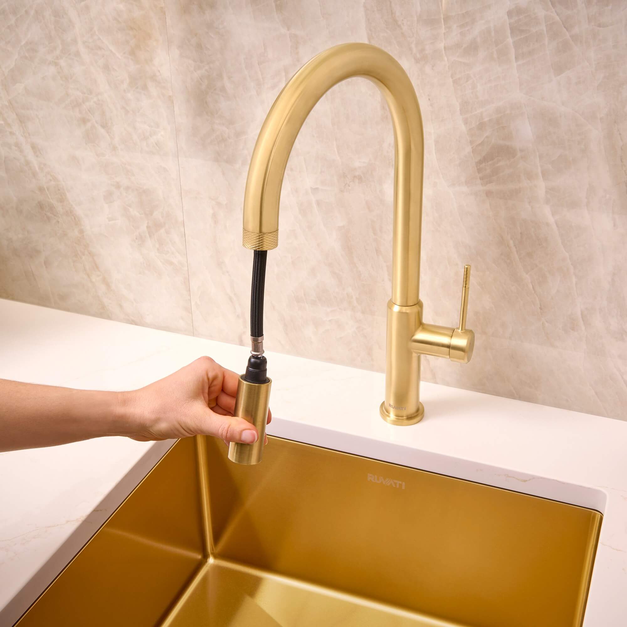 Ruvati Vestia Pull Down Kitchen Faucet, Brushed Gold, Single Lever, RVF1237SG Product Image