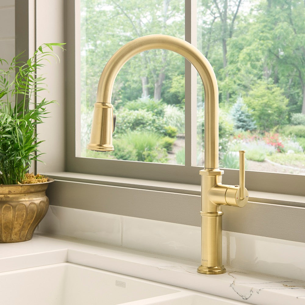Ruvati Idris Pull Down Gooseneck High Arc Kitchen Faucet, Brushed Gold, Single Lever, RVF1239SG