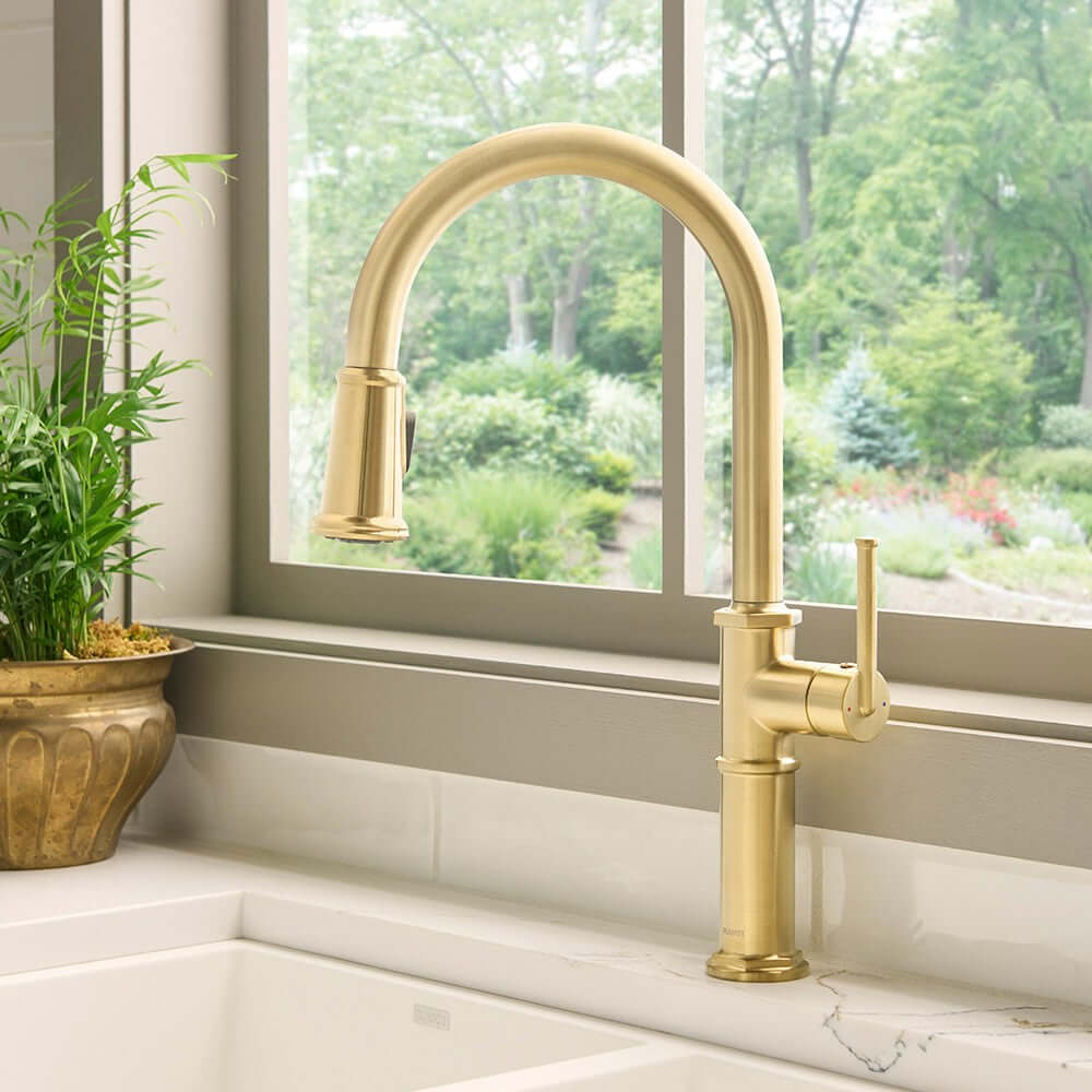 Ruvati Idris Pull Down Gooseneck High Arc Kitchen Faucet, Brushed Gold, Single Lever, RVF1239SG