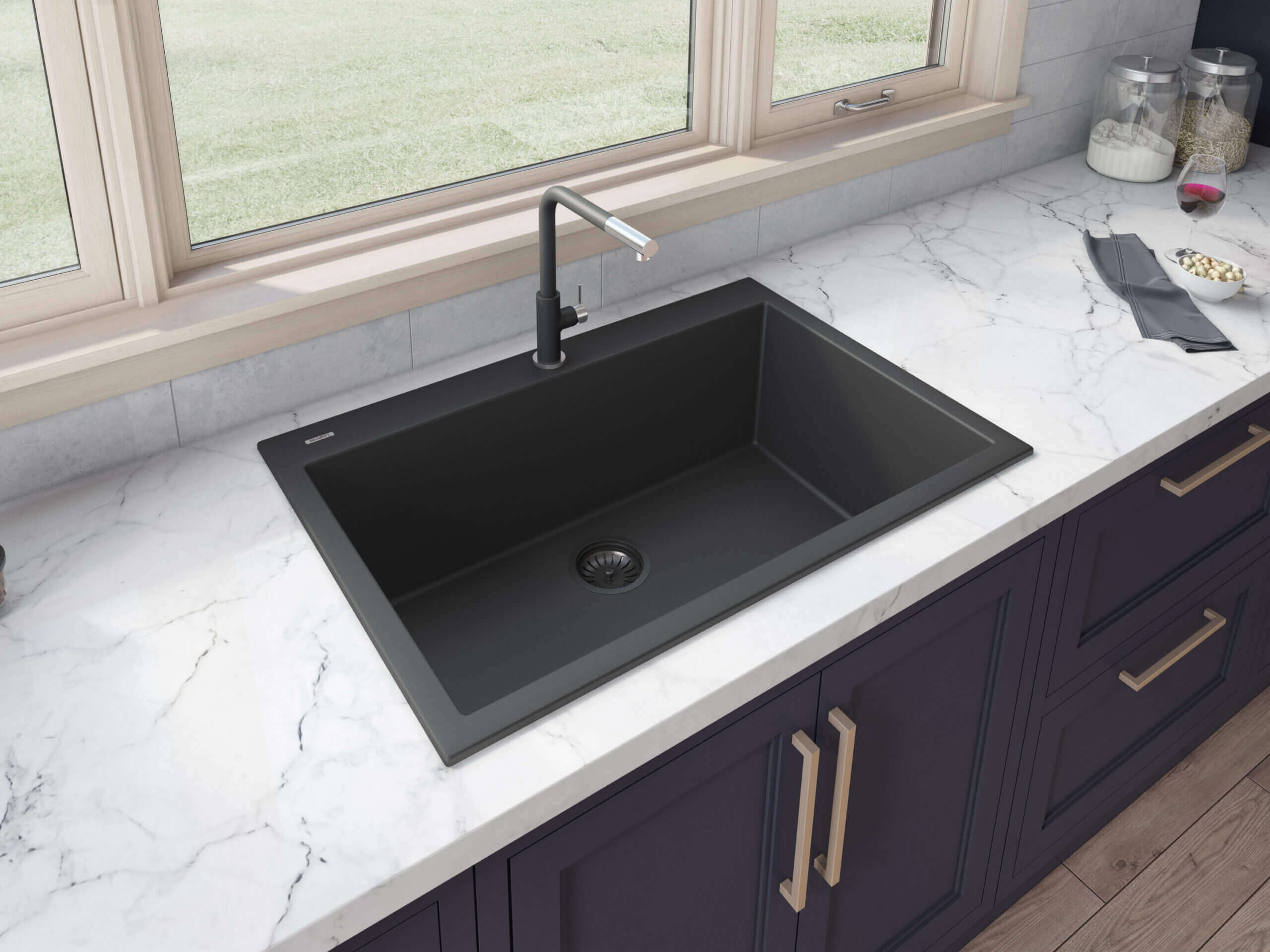Alternate Image for Ruvati 27" Drop-in Topmount Granite Composite Kitchen Sink, Midnight Black, RVG1027BK