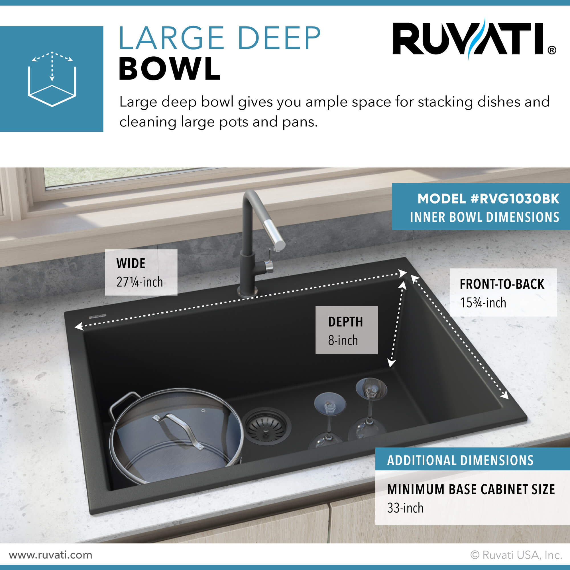 Alternate Image for Ruvati epiGranite 30" Drop-in Topmount Granite Composite Kitchen Sink, Midnight Black, RVG1030BK