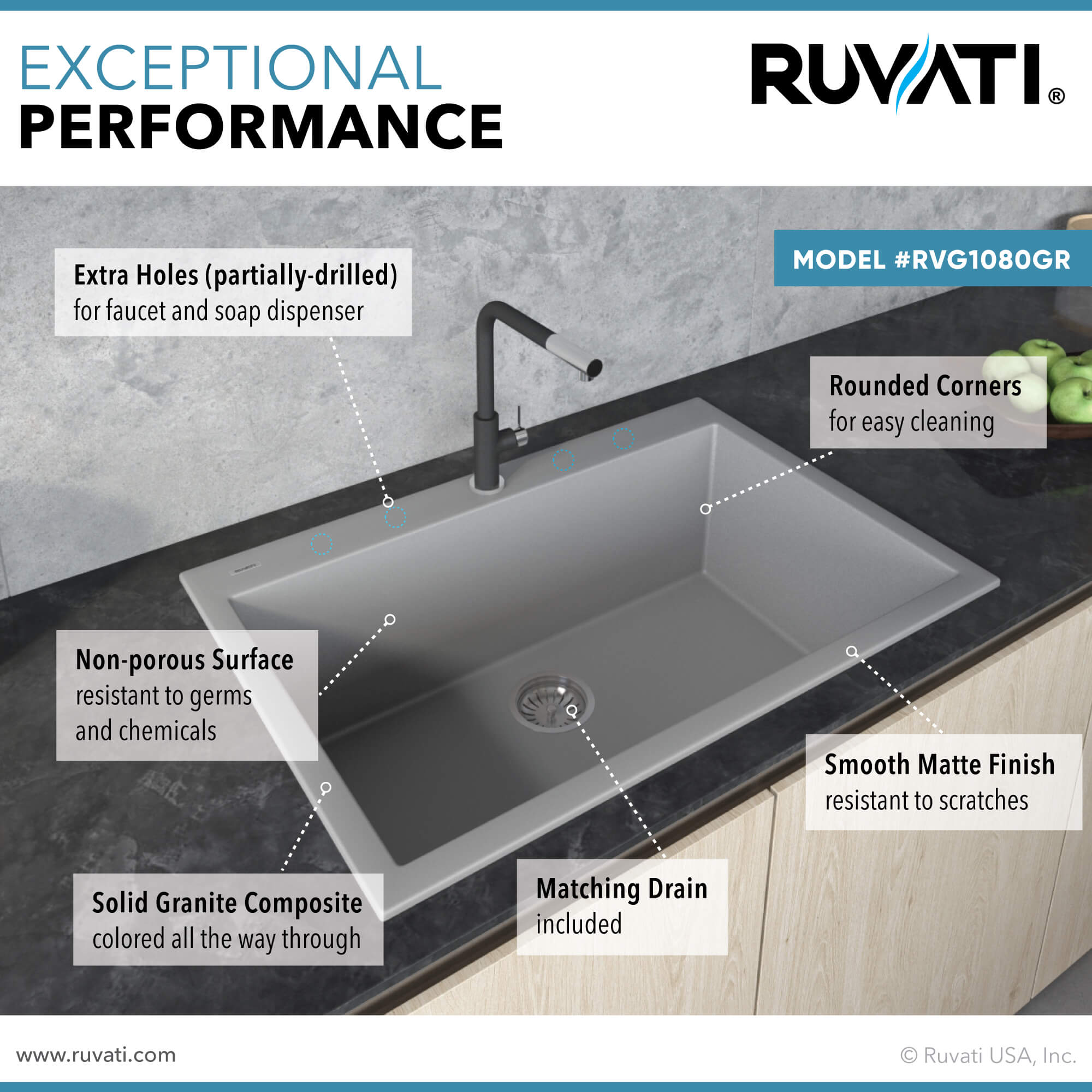 Alternate Image for Ruvati epiGranite 30" Drop-in Topmount Granite Composite Kitchen Sink, Silver Gray, RVG1030GR