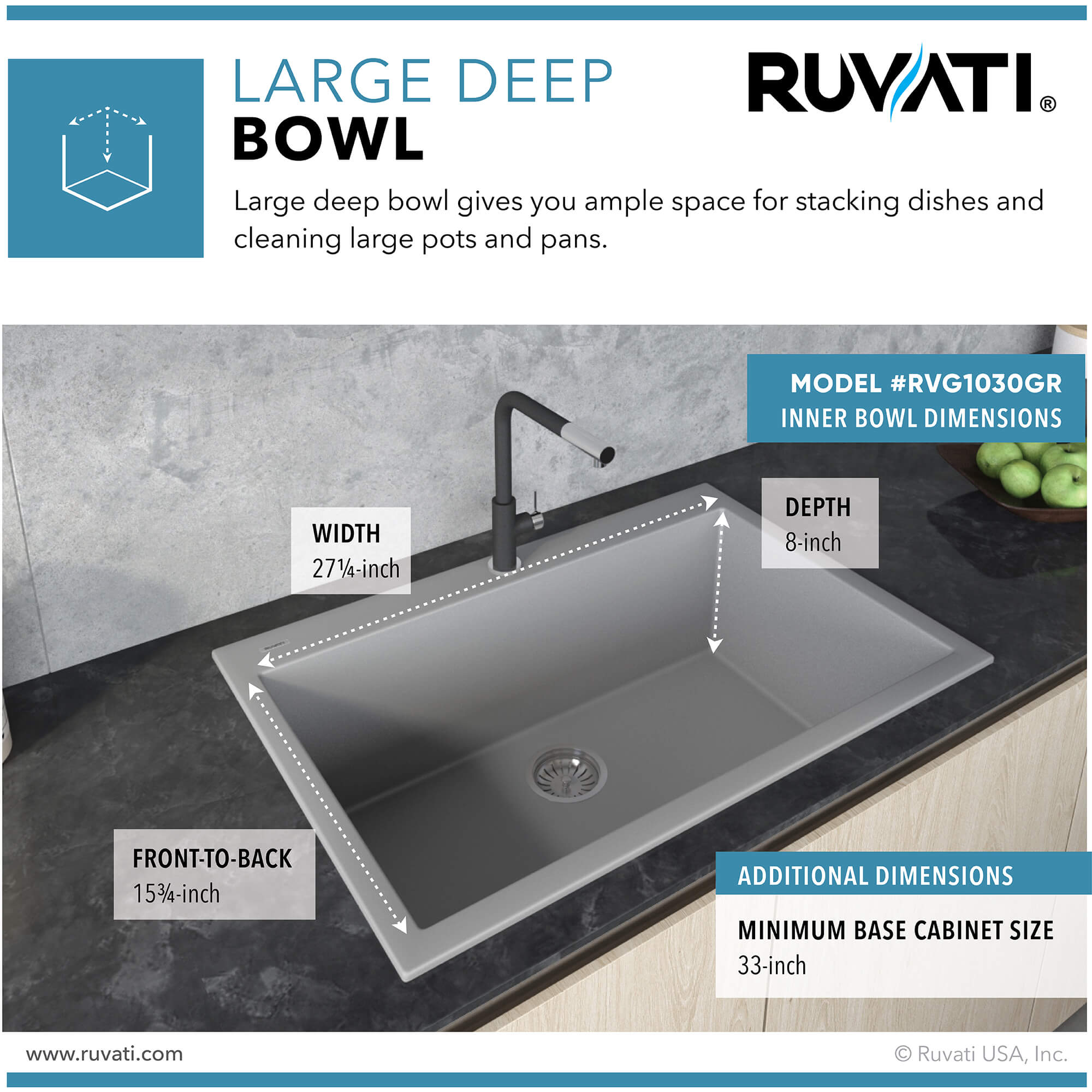 Alternate Image for Ruvati epiGranite 30" Drop-in Topmount Granite Composite Kitchen Sink, Silver Gray, RVG1030GR
