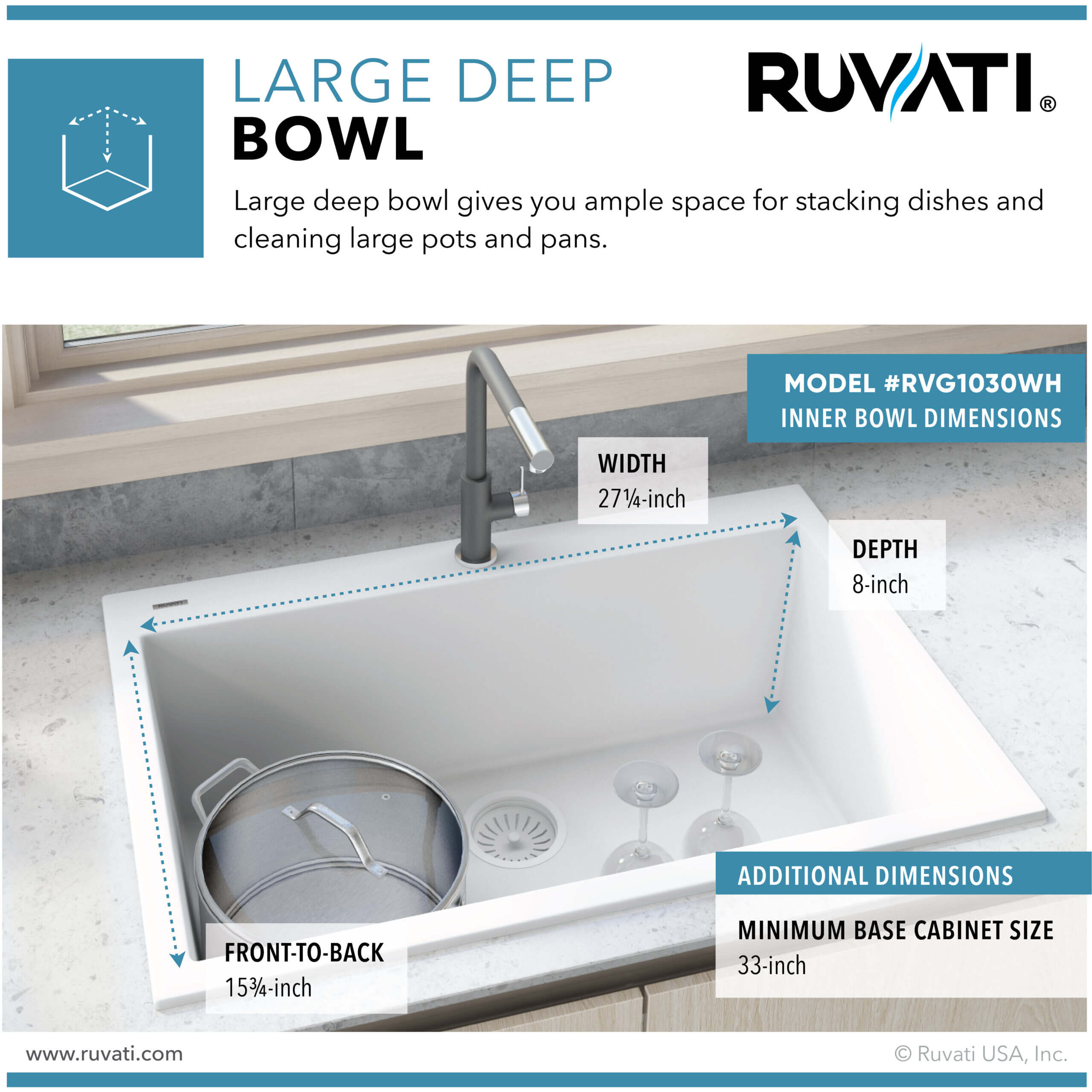 Alternate Image for Ruvati epiGranite 30" Drop-in Topmount Granite Composite Kitchen Sink, Arctic White, RVG1030WH