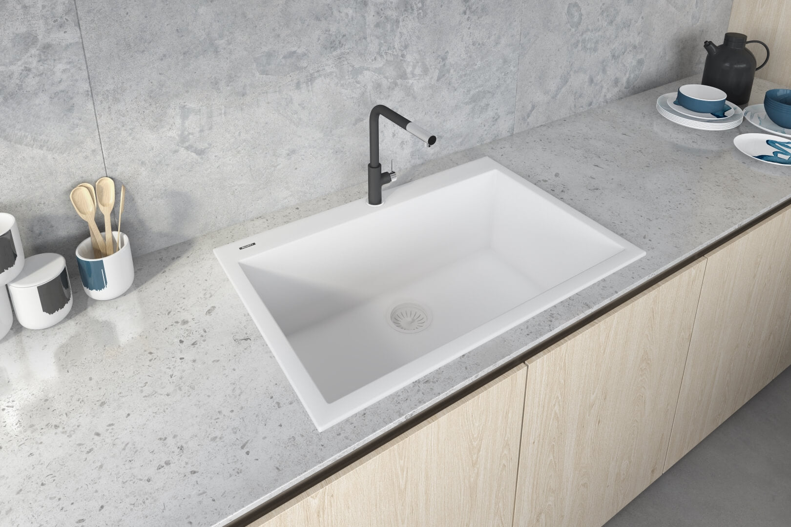 Alternate Image for Ruvati epiGranite 30" Drop-in Topmount Granite Composite Kitchen Sink, Arctic White, RVG1030WH