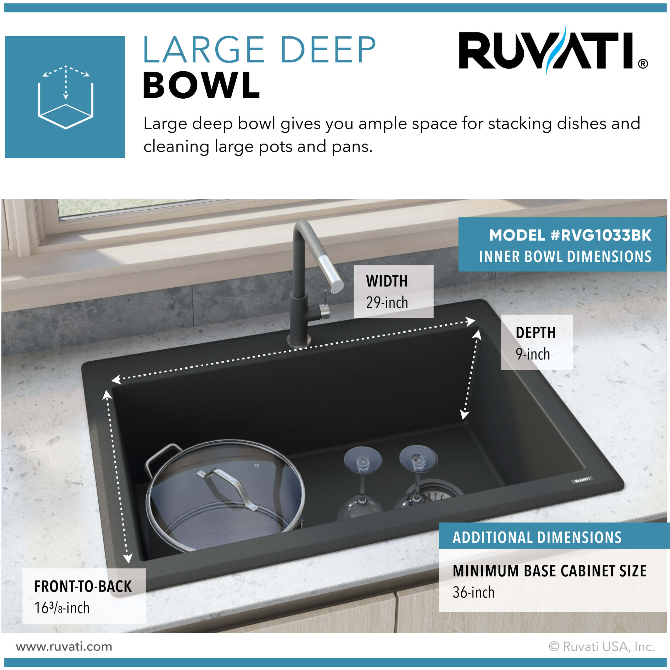 Alternate Image for Ruvati epiGranite 33" Drop-in Topmount Granite Composite Kitchen Sink, Midnight Black, RVG1033BK