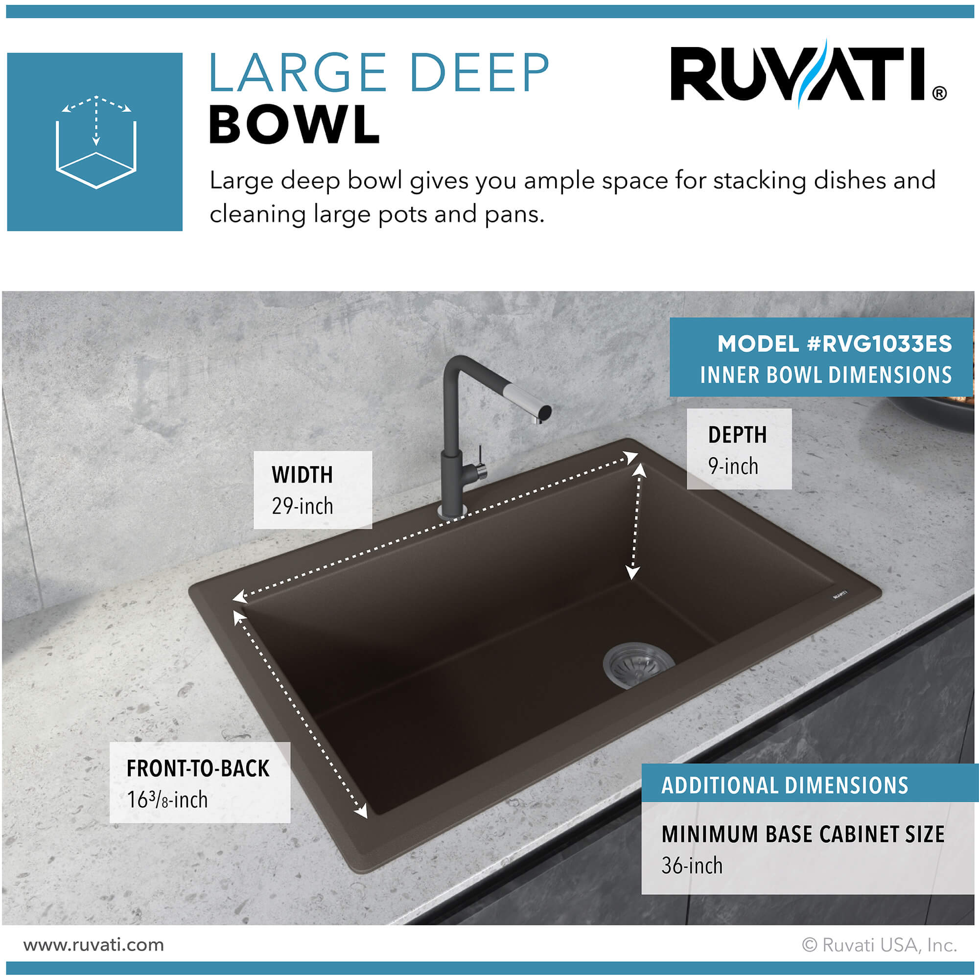 Alternate Image for Ruvati epiGranite 33" Drop-in Topmount Granite Composite Kitchen Sink, Espresso / Coffee Brown, RVG1033ES