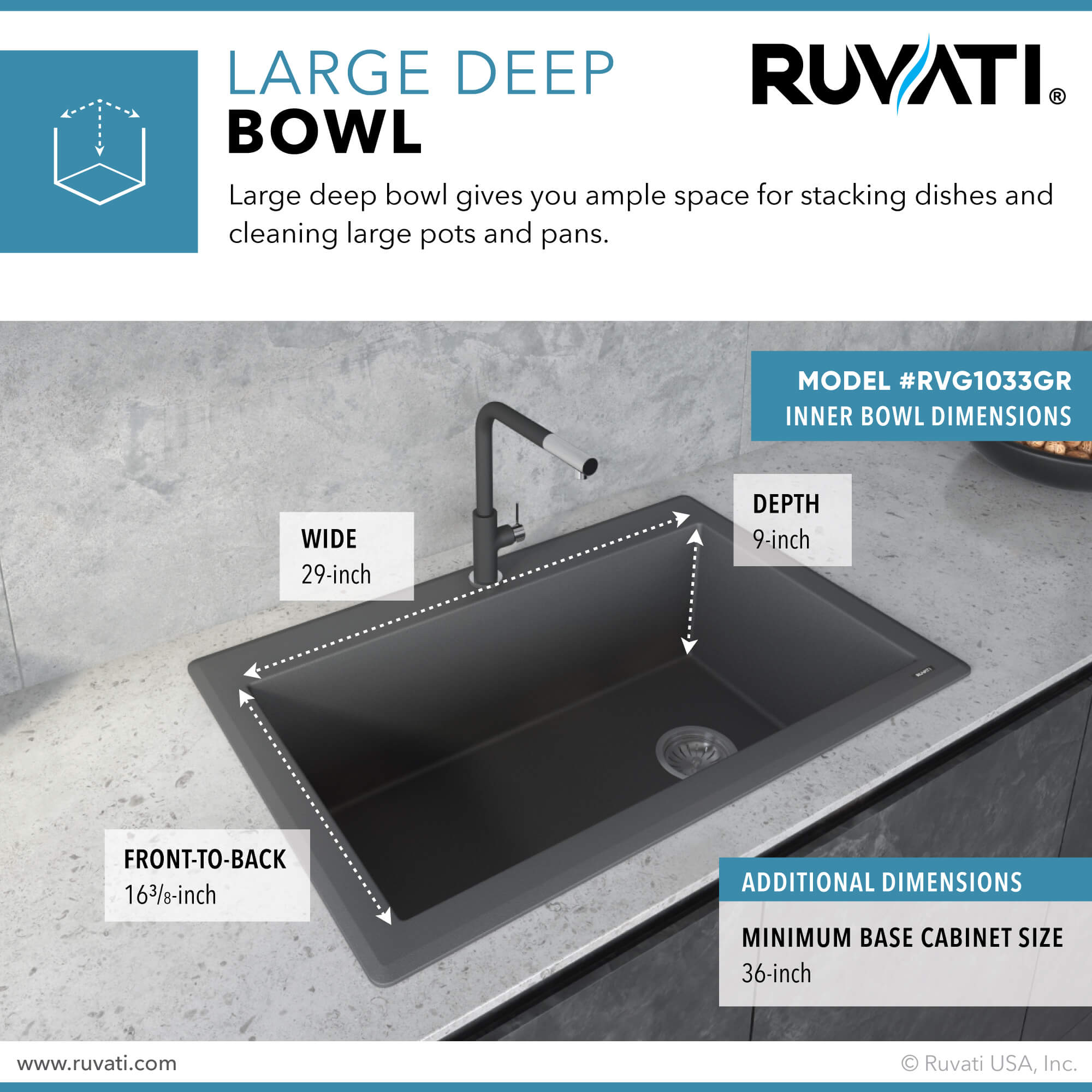 Alternate Image for Ruvati epiGranite 33" Drop-in Topmount Granite Composite Kitchen Sink, Urban Gray, RVG1033GR